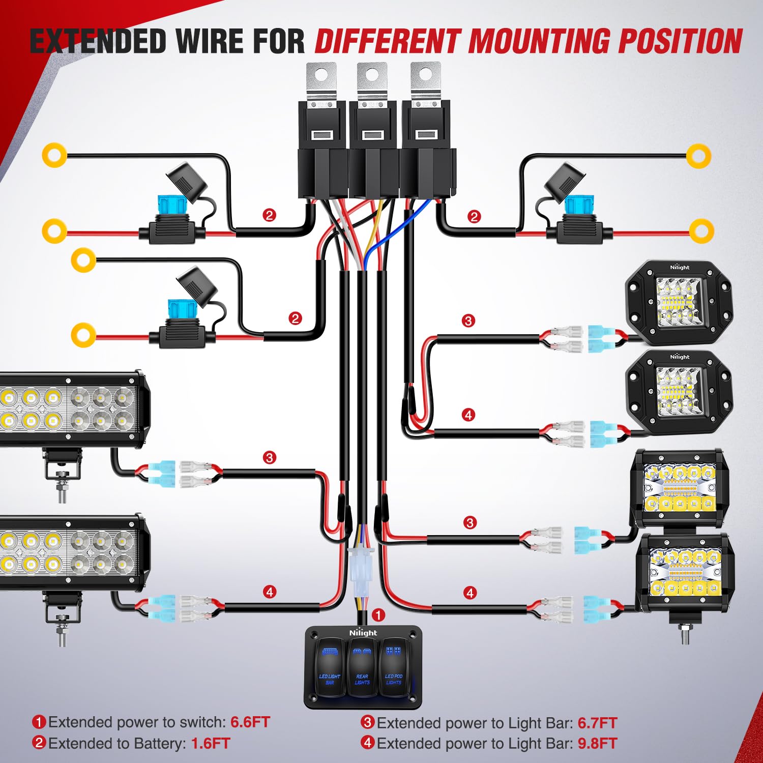 Nilight 16AWG LED Light Bar Wiring Harness Kit with 3 Gang Rocker Switch, Model 10073W, Power Relay Fuse for Cars, Boats, ATVs, Trucks