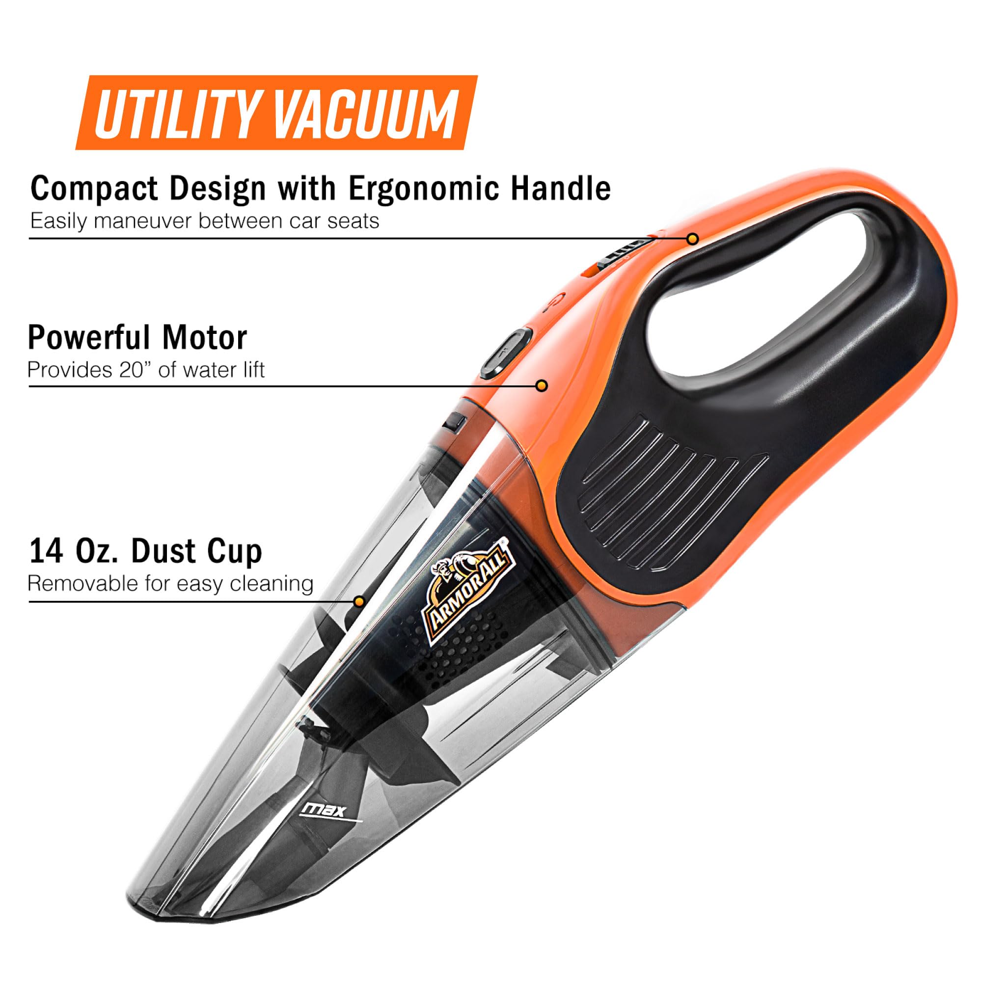 Armor All Handheld Car Vacuum, AA07V1, Powerful Orange Portable Cleaner, Compact Design for Easy Car Cleaning
