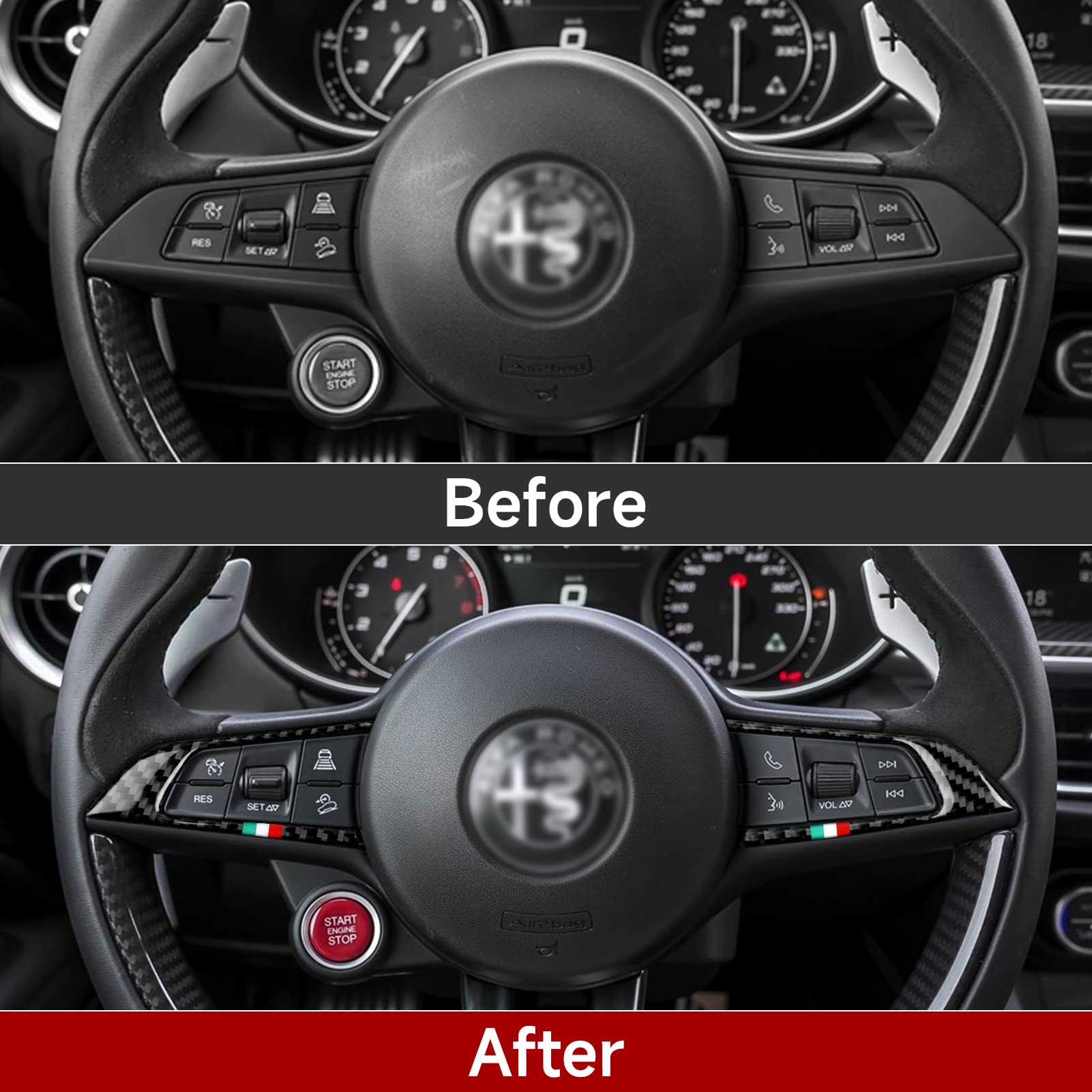 2Pcs Car Steering Trim Sticker Cover Carbon Fiber Decal Fits For Alfa Romeo Giulia Stelvio 2016 2017 2018 2019 Interior Accessories (Black)