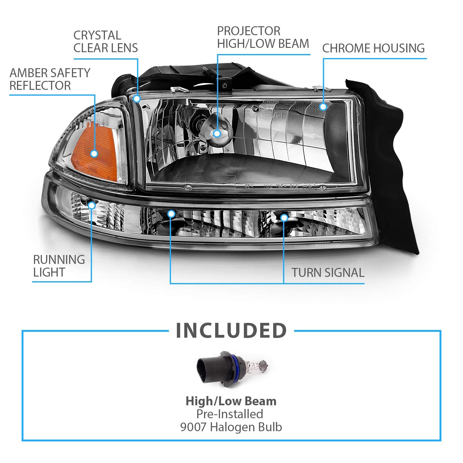 Amerilite Chrome Replacement Headlights Corner/Parking Sets For Dodge Dakota/Durango Driver And Passenger Side