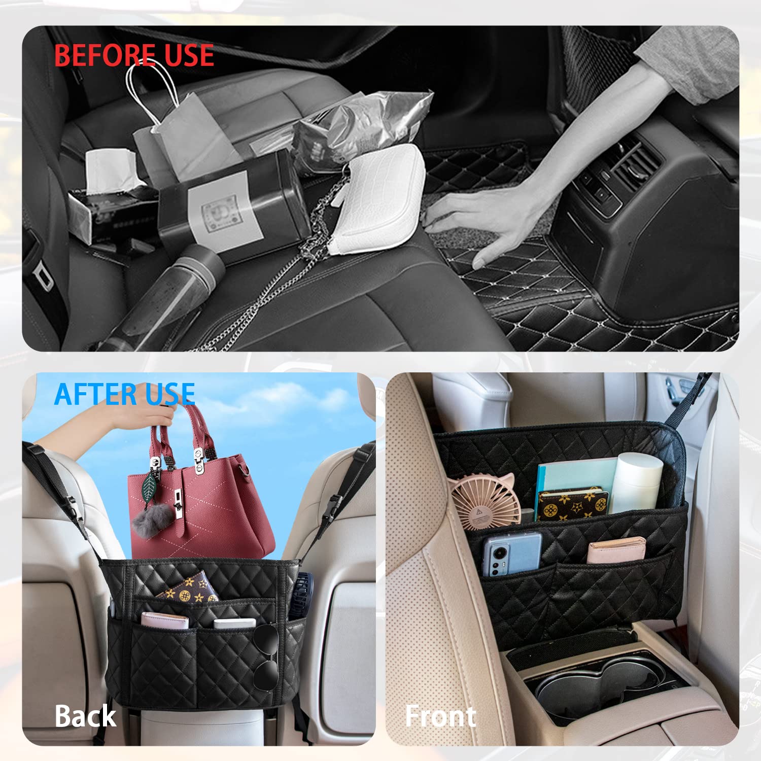 Seametal Car Purse Holder Between Seats,Car Handbag Holder For Front Seat,Between Seat Purse Holder Pu Leather (8 Pockets)