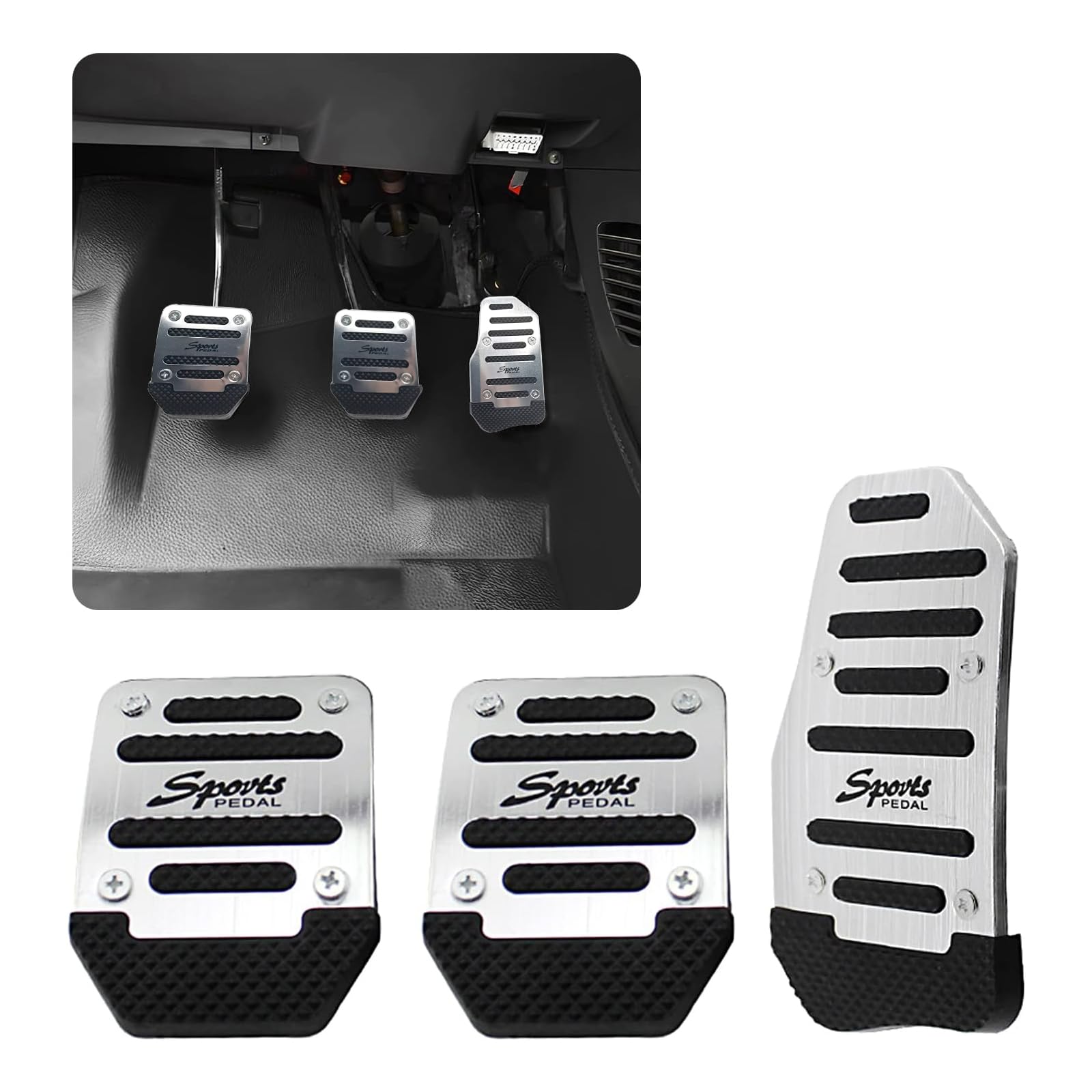 Jeseny 3 Pcs Car Non-Slip Aluminum Alloy Pedal Pads, Manual/Automatic Gearbox Gas Pedal Brake Pedal Cover, Anti-Rubbing Car Clutch Pedal Kits, Auto Universal Replacement Accessories (Silver)