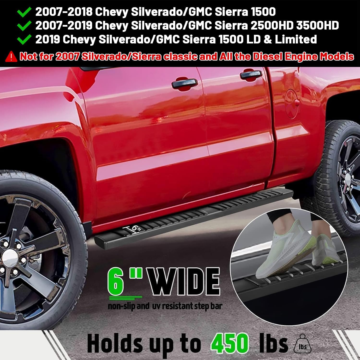 Pz 6'' Double Cab Running Boards For 2007-2018 Chevy Silverado/Gmc Sierra 1500, 2007-2019 For 2500Hd 3500Hd 2019 Ld Black Alumin