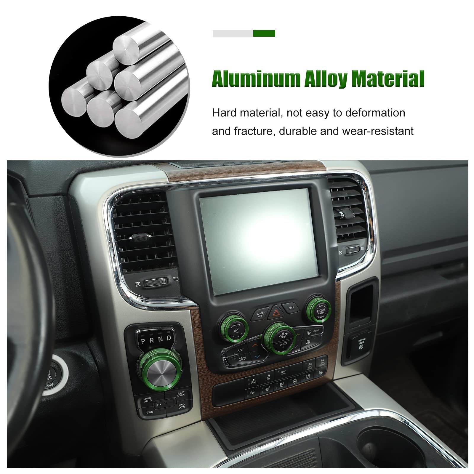 Voodonala for Dodge RAM Air Conditioner Headlight Switch CD Knob Trim for 2013-2017 Dodge RAM Aluminum 5pcs Green