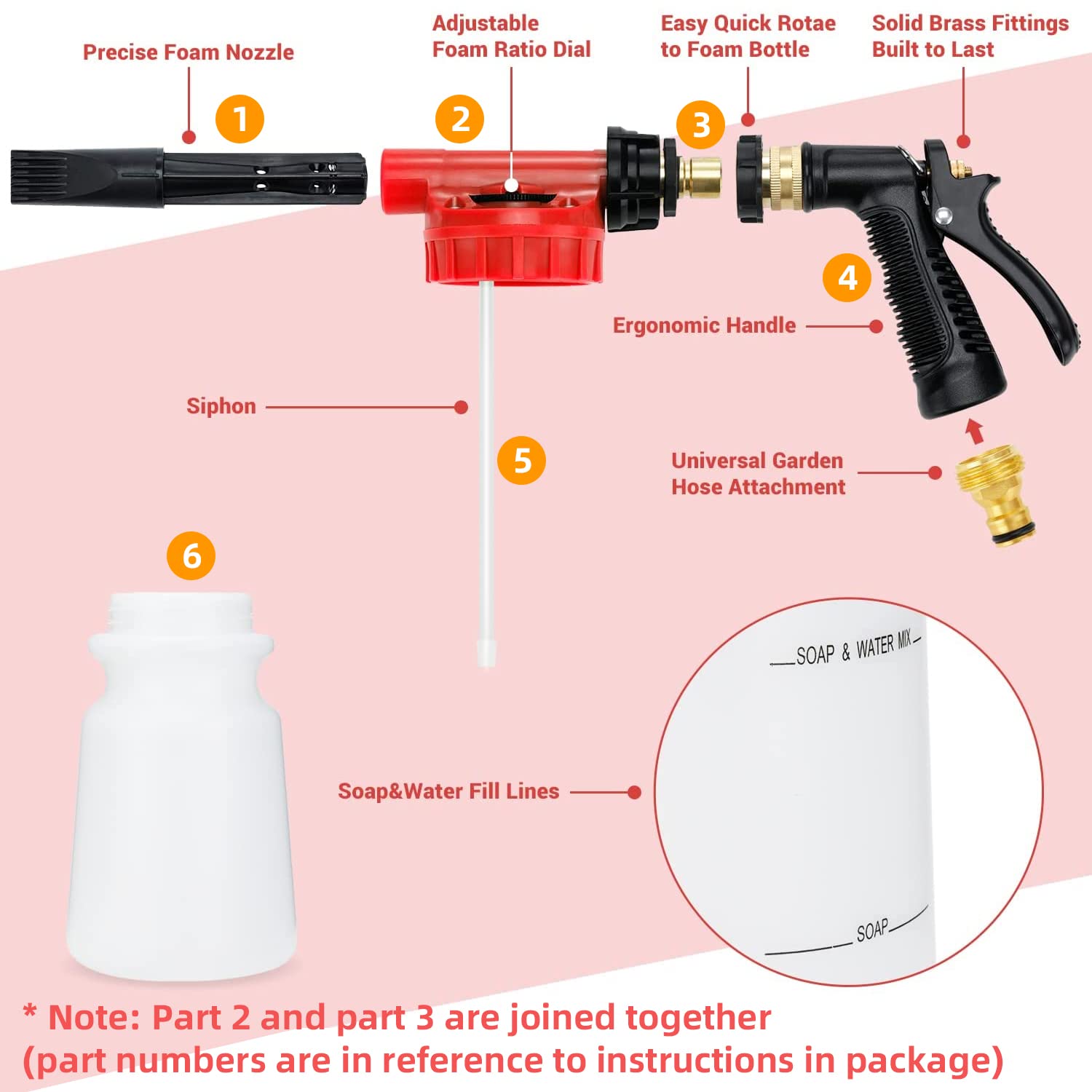 Ohuhu Car Wash Foam Gun With 3/8'' Connector & Mitts, Dual Filtration, 6 Foam Levels, Quick Connect To Garden Hose (Red)