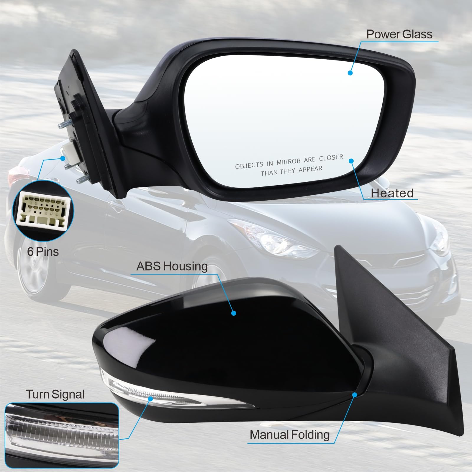 Lqito Right Passenger Side Door Mirror Compatible With 2011 2012 2013 Hyundai Elantra With Manual Folding Power Glass Heated Tur