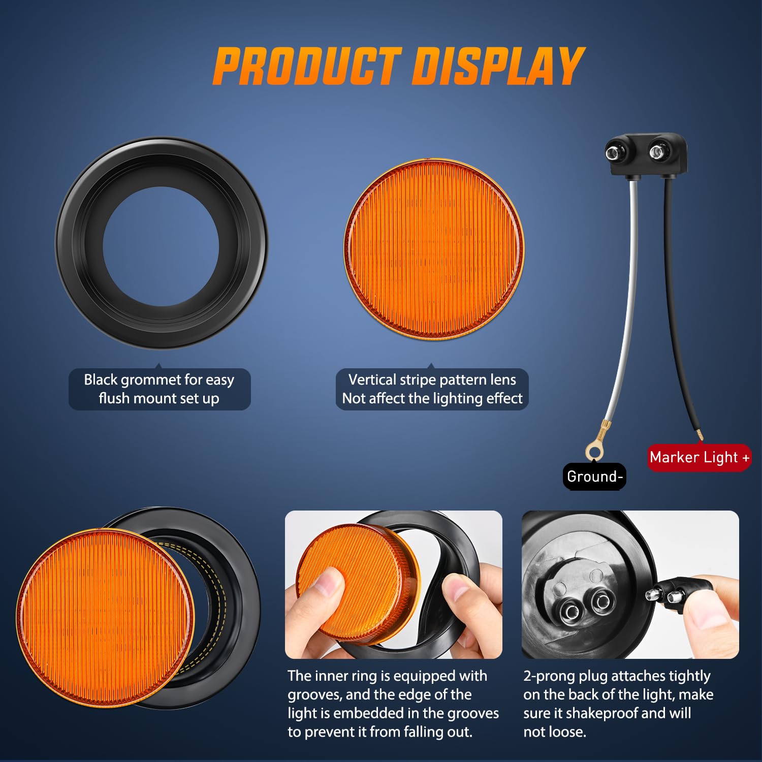 Nilight 2.5Inch Round Marker Light 2Pcs Amber 13Led Clearance Lights Flush Mount With Plug Grommet Pigtail Hardwired Dot Complia