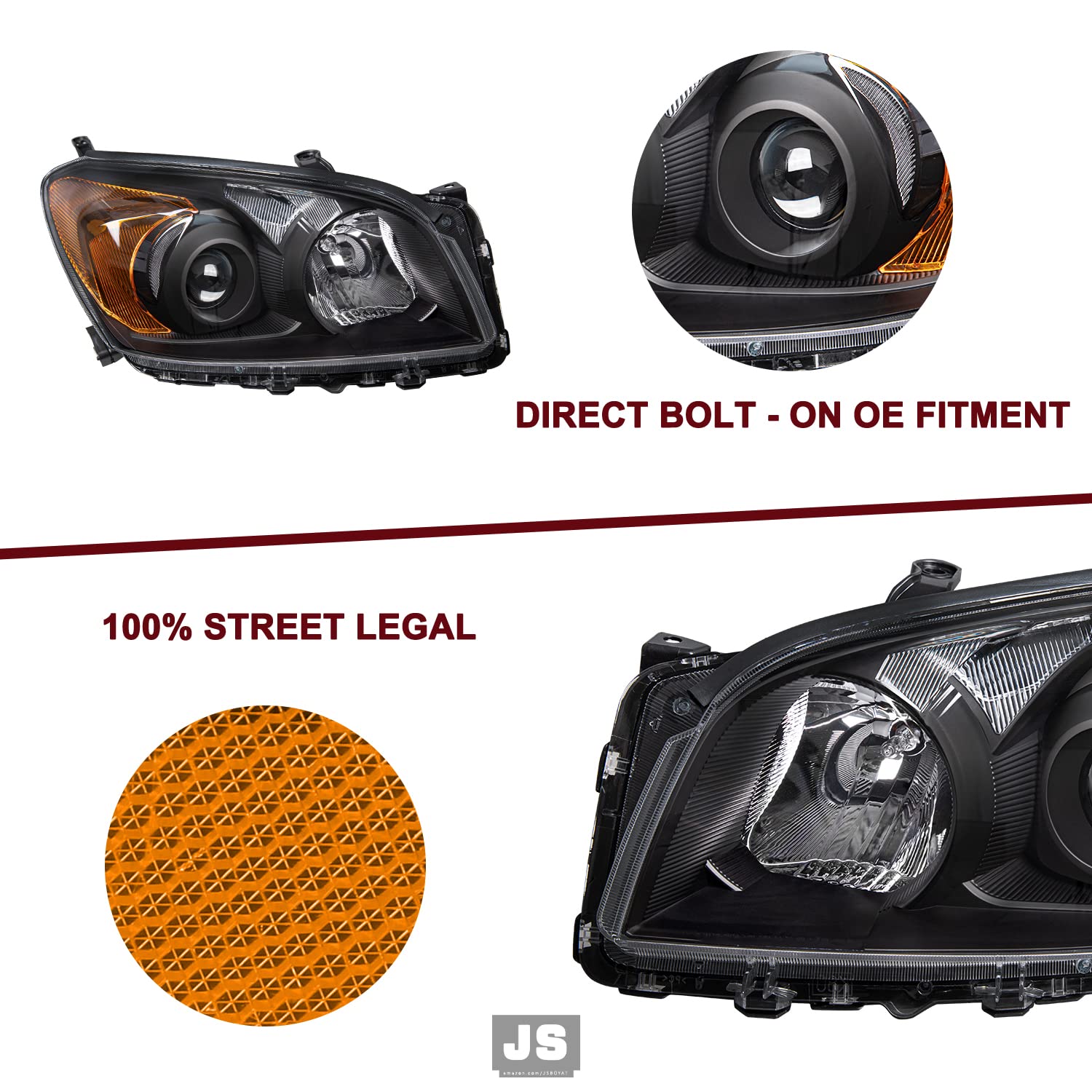 Jsboyat Halogen Headlight Assembly For 2009-2012 Toyota Rav4 Driver And Passenger Side Black Housing With Amber Reflector (Bulbs Included)