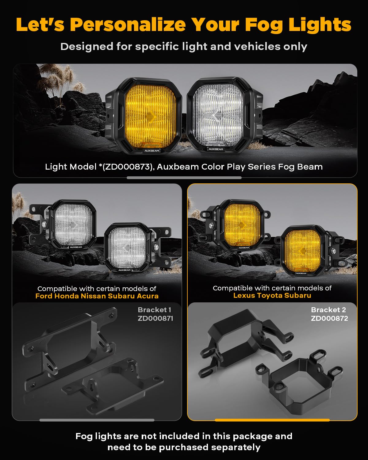 Auxbeam Color Play Series Fog Light Mounting Brackets, For Lexus Toyota Subaru Legacy, Includes Bracket & Adapter, Offroad Light
