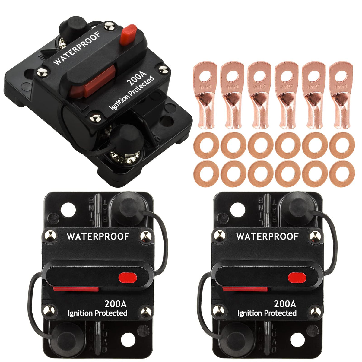 Hamolar 3 Pack 200 Amp Circuit Breaker Manual Reset Wire Lugs Copper Washer For Car Marine Trolling Motors Boat Atv Manual Power