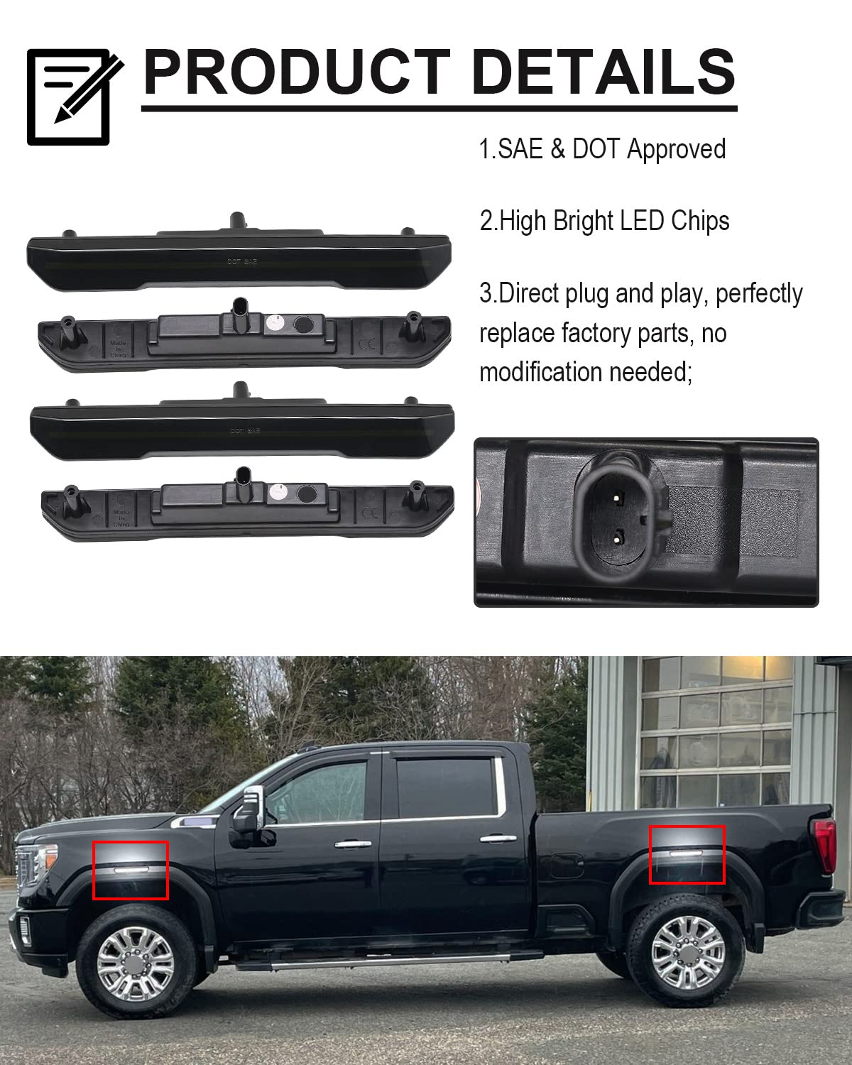 4Pcs Front & Rear Led Side Marker Light Compatible With Sierra 2500Hd 3500Hd 2020-2024 Pickup Side Parking Position Lamp Driver