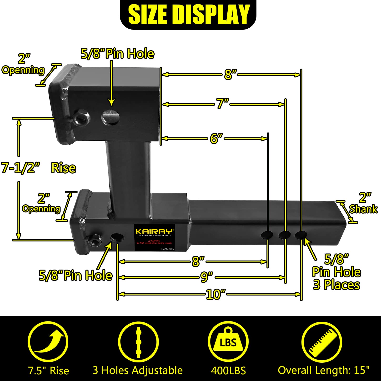 Kairay Double Hitch Receiver 2 Inch Trailer Dual Hitch Extension Riser Adapter Fits 2 Inch Receiver Extender To 10 Inch Max Leng
