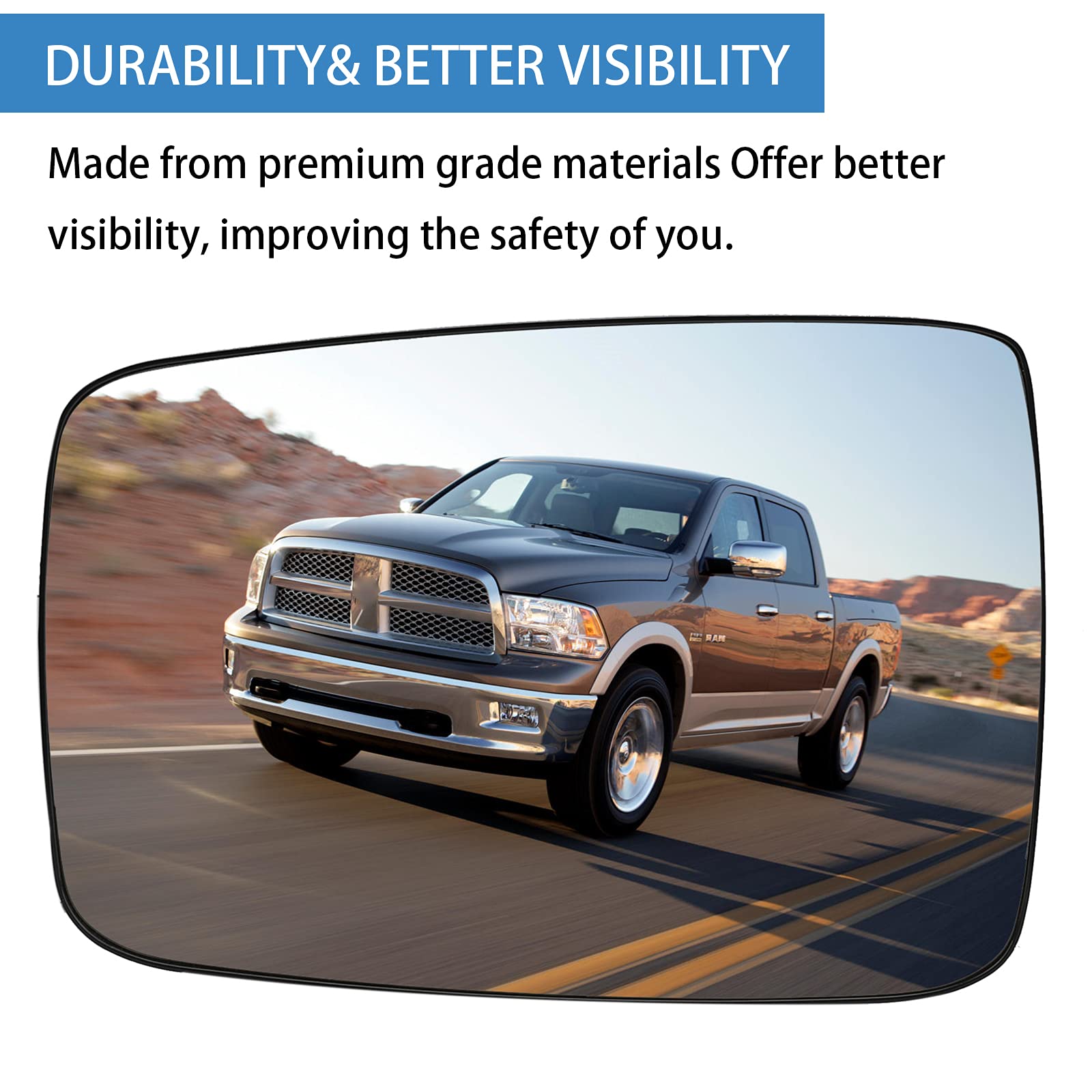 Driver Side Heated Mirror Glass Compatible With 2009-2018 Dodge Ram Pick-Up 1500 2500 - Replace 68079363Aa 68050299Aa - Side Vie