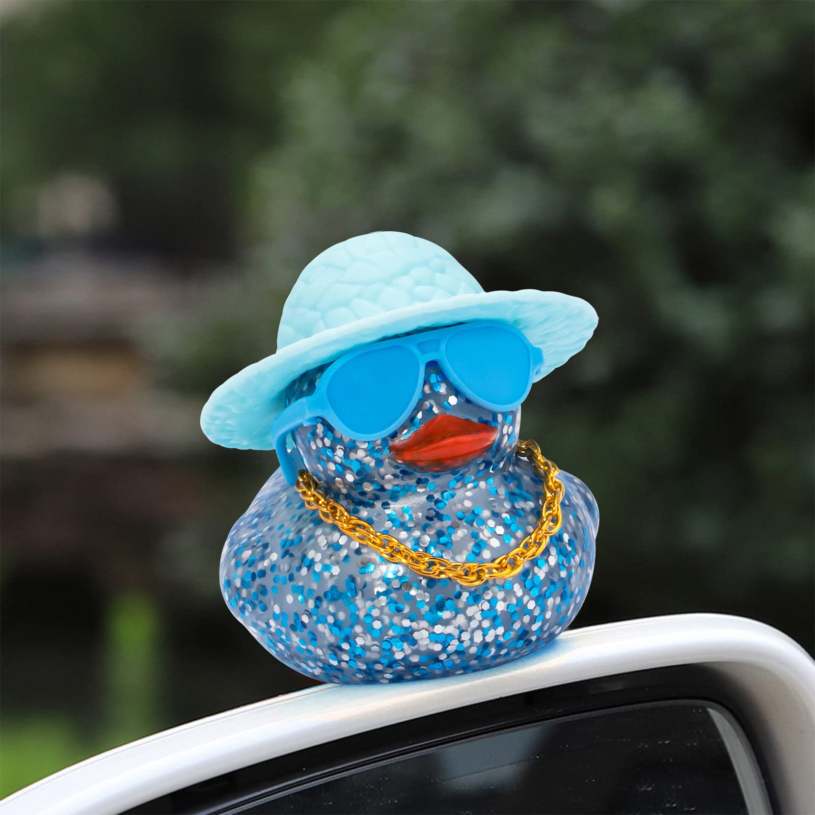 Wonuu Shining Rubber Ducks With Plastic Sunglasses Swim Ring Necklace Hat, Glittering Cute Car Accessories Car Decor Dashboard D