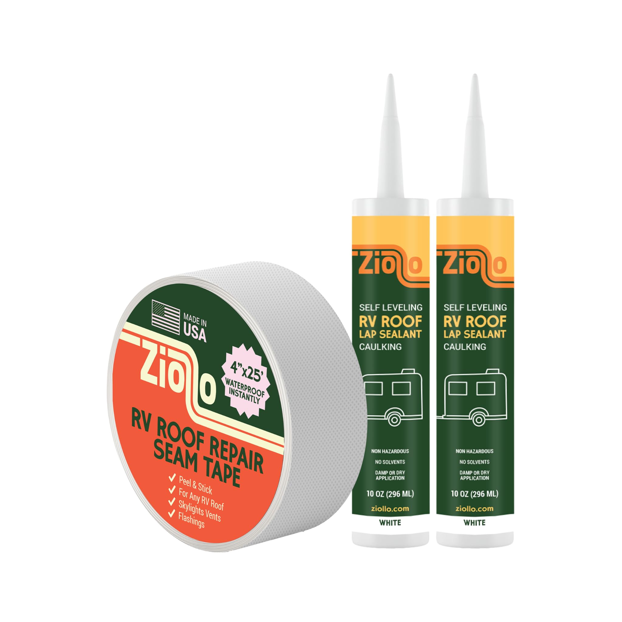Ziollo Rv Repair Kit With 2 X 10 Oz Of Self Leveling Caulking Lap Sealant & 1 Rv Roof Repair Seam Tape 4'' X 25' - Works On Epdm