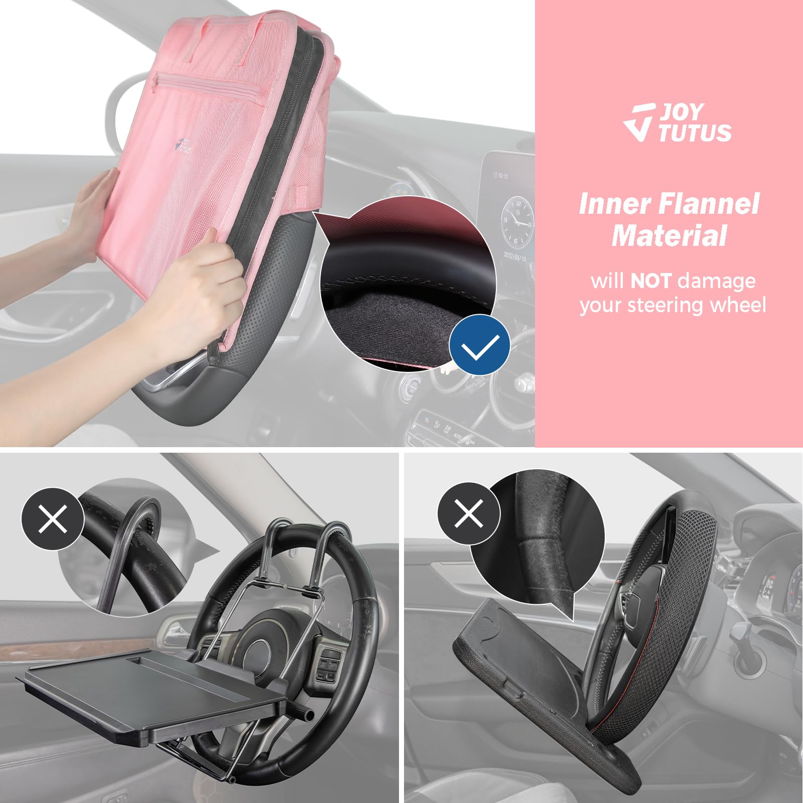 JOYTUTUS 3 in 1 Steering Wheel Eating Tray (Pink), Multifunctional Car Office Bag, Work Table for Writing, Car Organizer for Kid