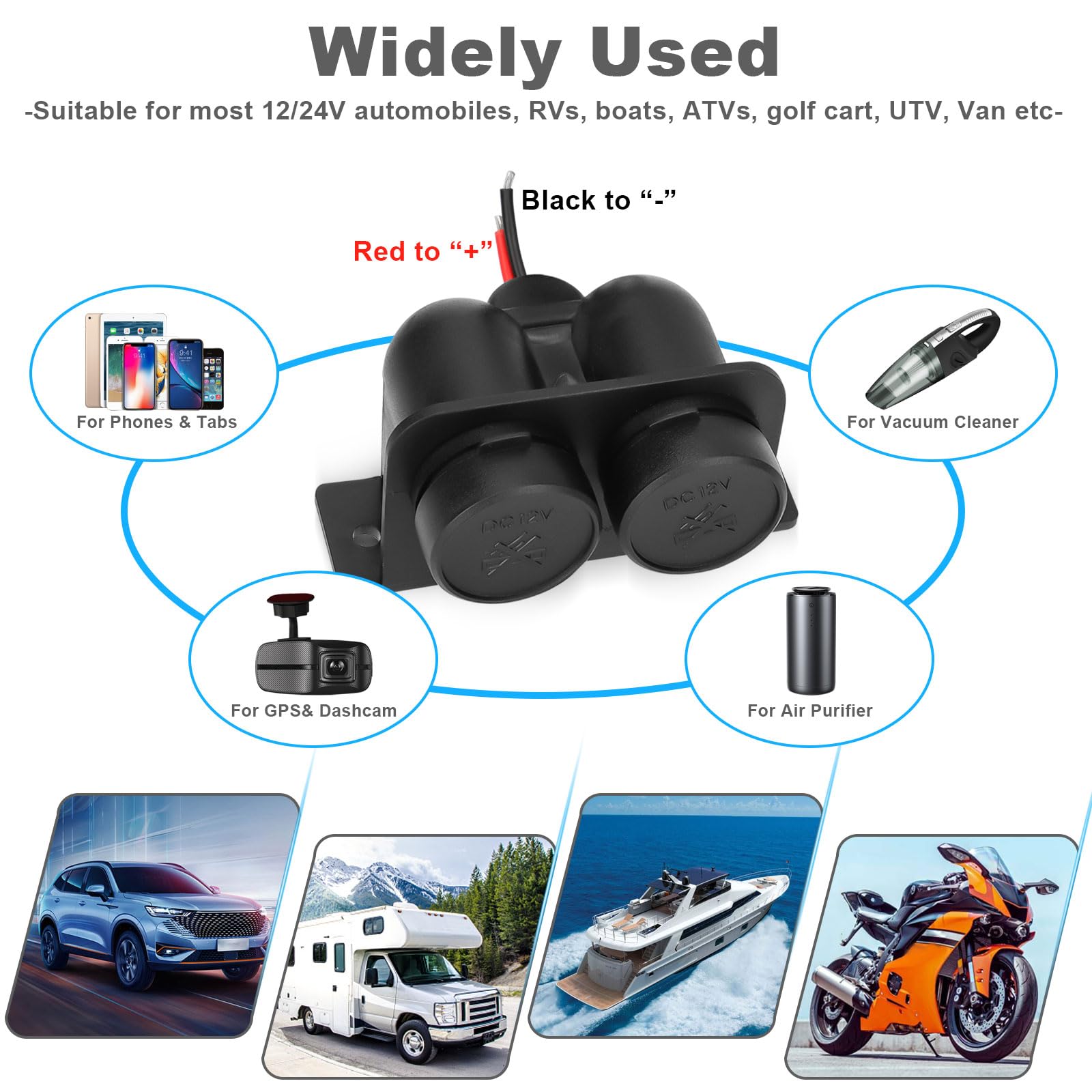 1Pcs Cigarette Lighter Socket With Blade Fuse, 2-Socket Cigarette Lighter Splitter 12V Lighter Power Outlet Replacement Waterproof Plug For Car Marine Truck Atv Rv