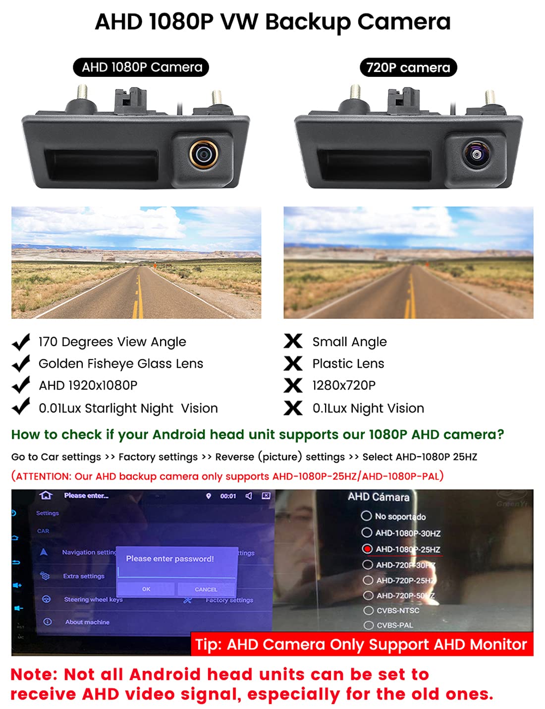 Ahd 1080P Backup Camera, Greenyi Car Reverse Camera For Audi A4L A5 A3 Q3 Q5 Rs6 For Vw Passat Tiguan Jetta Touareg Skoda, Only