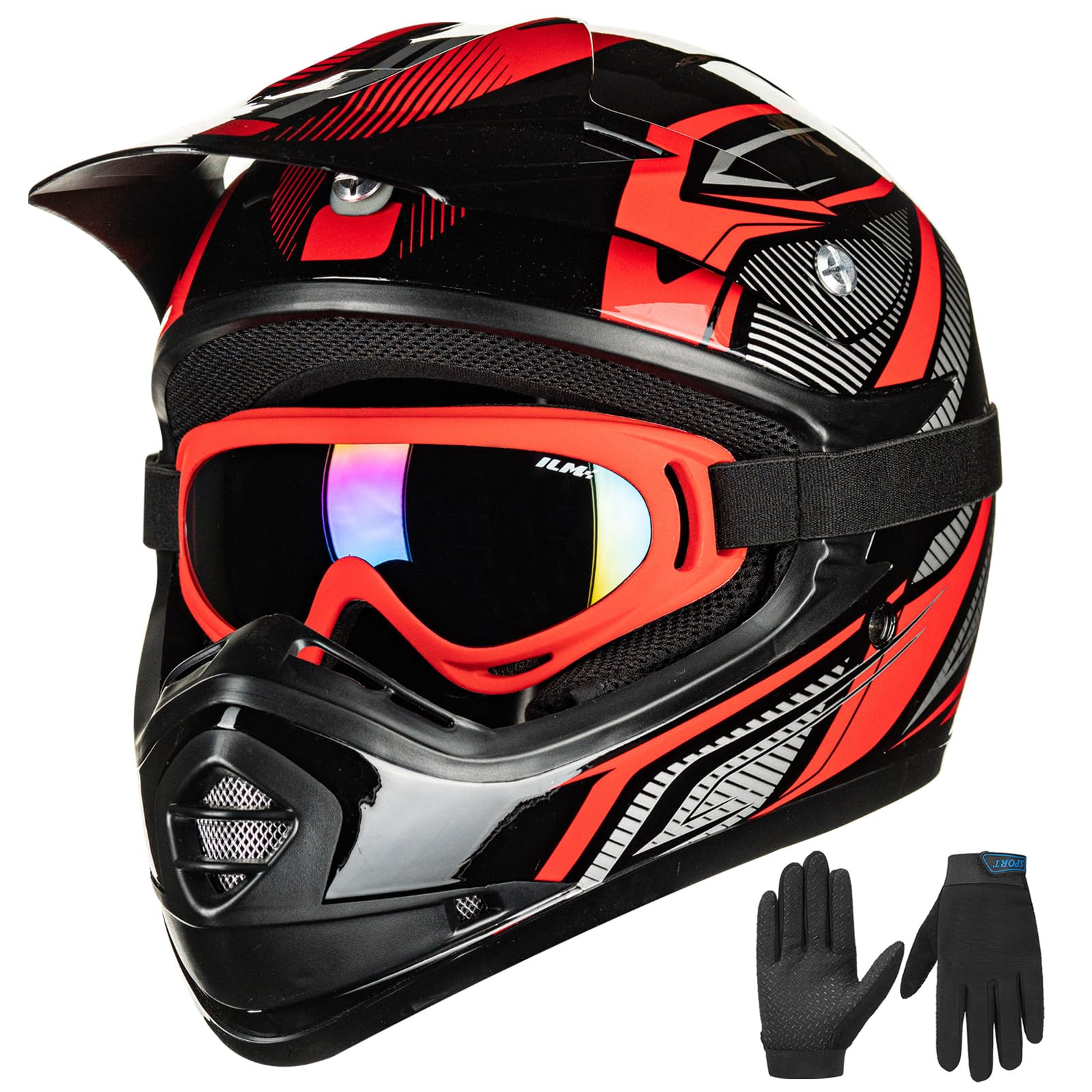 Ilm Youth Kids Atv Motocross Helmet Goggles Sports Gloves Dirt Bike Motorcycle Off Road Dot Approved B07 (Youth-L, Red/Silver)
