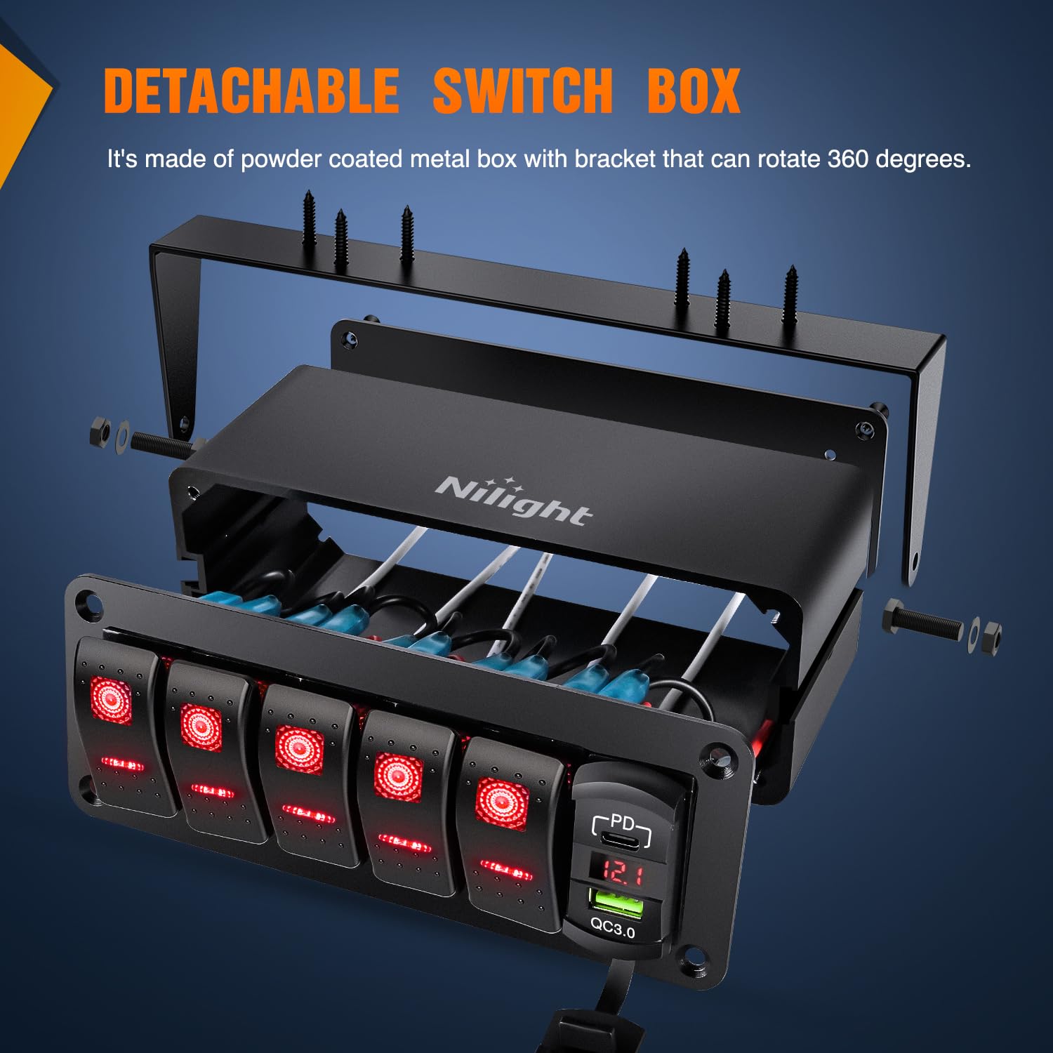 Nilight 5 Gang Rocker Switch Box 12V Spst On Off Toggle Switches Pd Type C And Qc 3.0 Usb Charger Voltmeter Led Light Waterproof