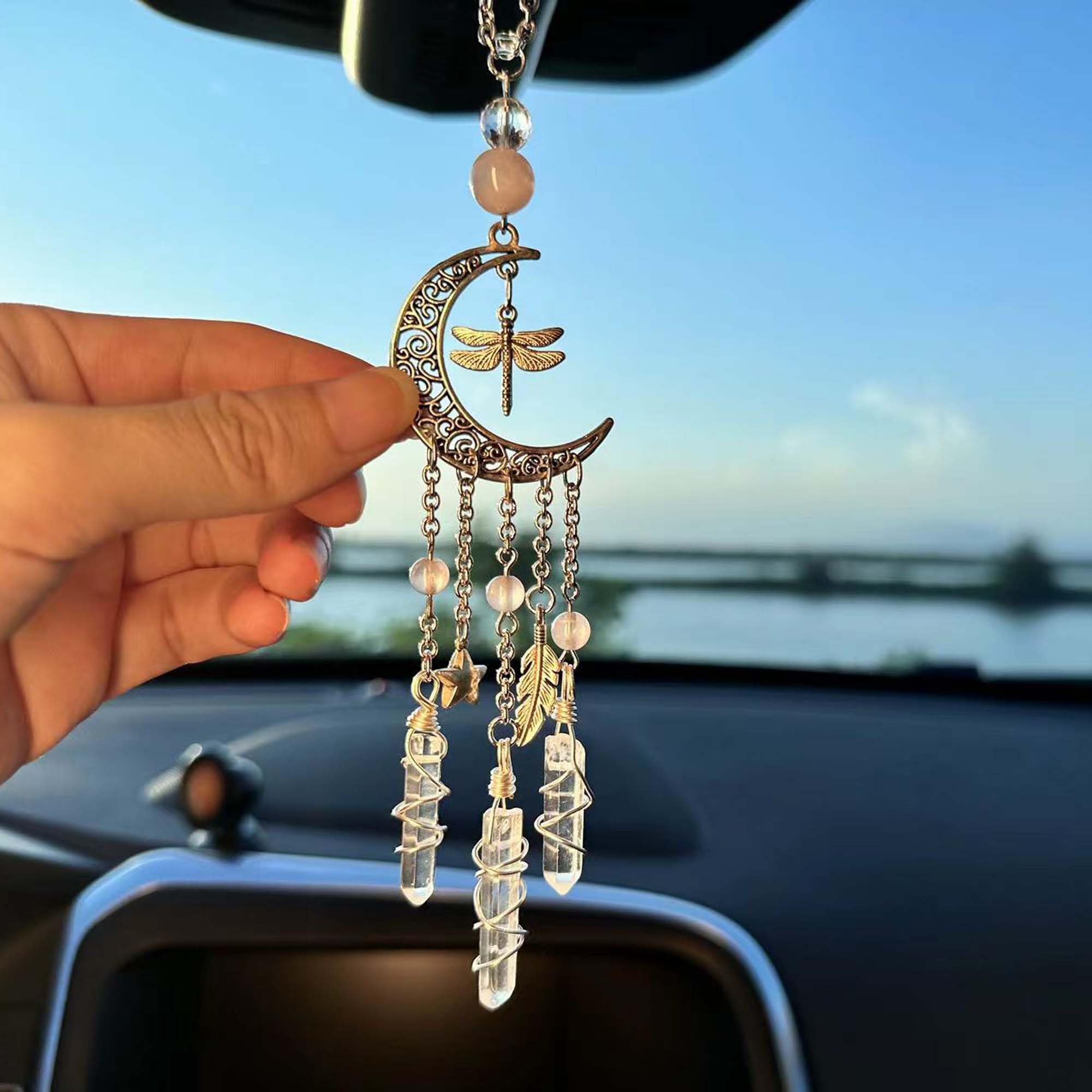 Hanging Car Charm, Handmade Crystal Window Car Hanging Ornaments, Dangling Moon, Healing Crystal Accessories, Rearview Mirror De