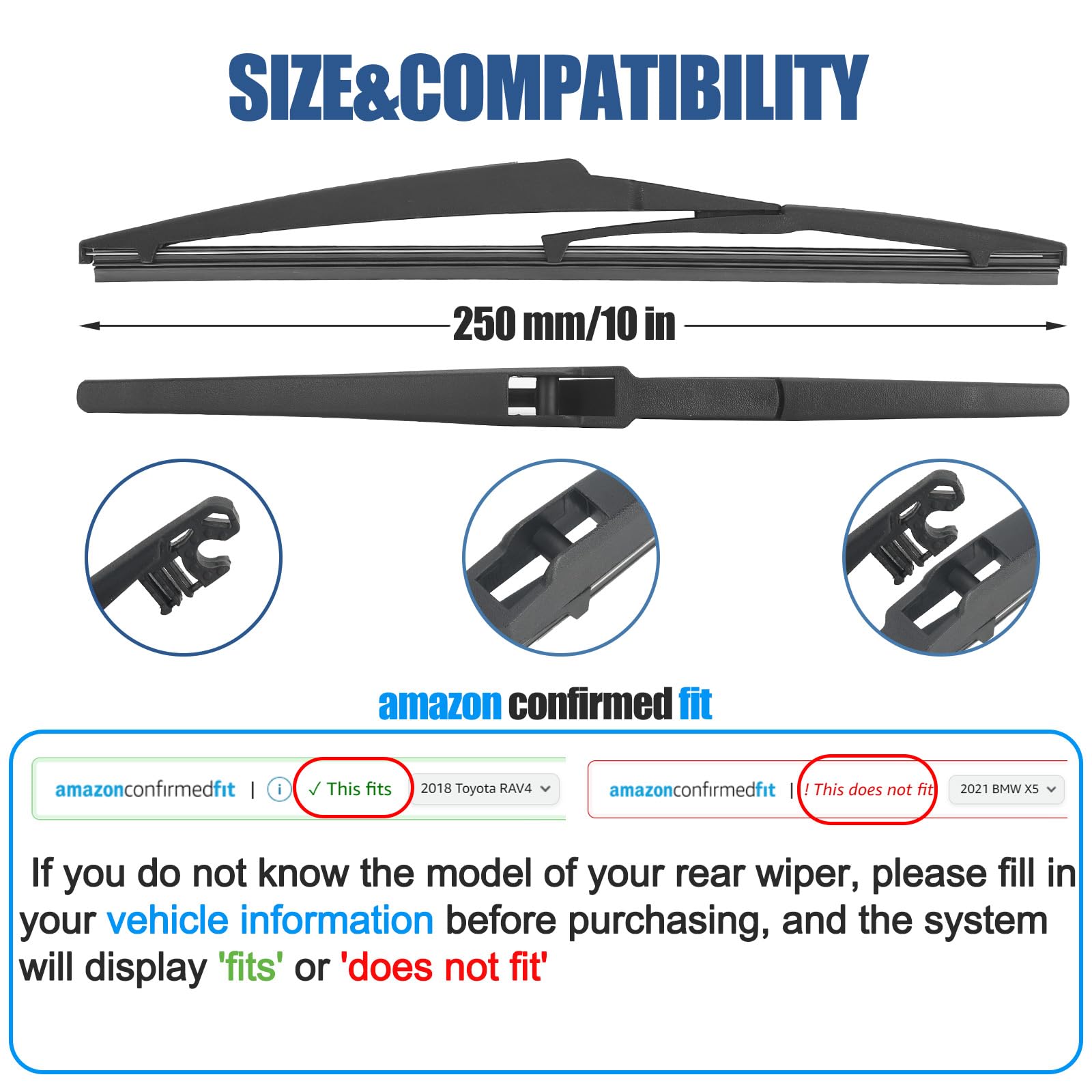 10'' Rear Wiper Blade,Replacement Back Windshield Wiper Blade For Jeep Compass 22-18 /Toyota Rav4 18-13 Highlander 23-20 Corolla