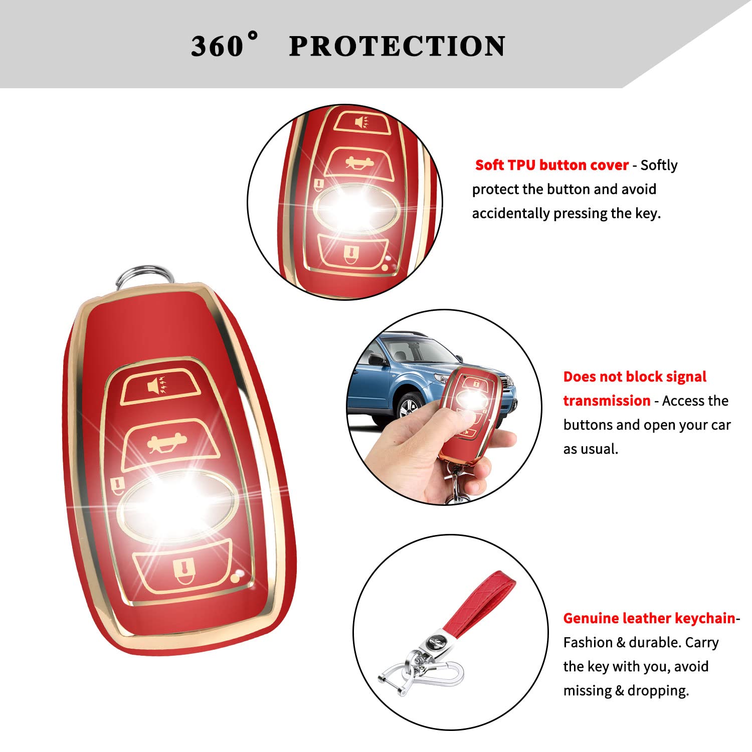 Qbuc For Subaru Key Fob Cover Case With Genuine Leather Keychain For Subaru Forester Crosstrek Ascent Outback Legacy Wrx Etc (Re