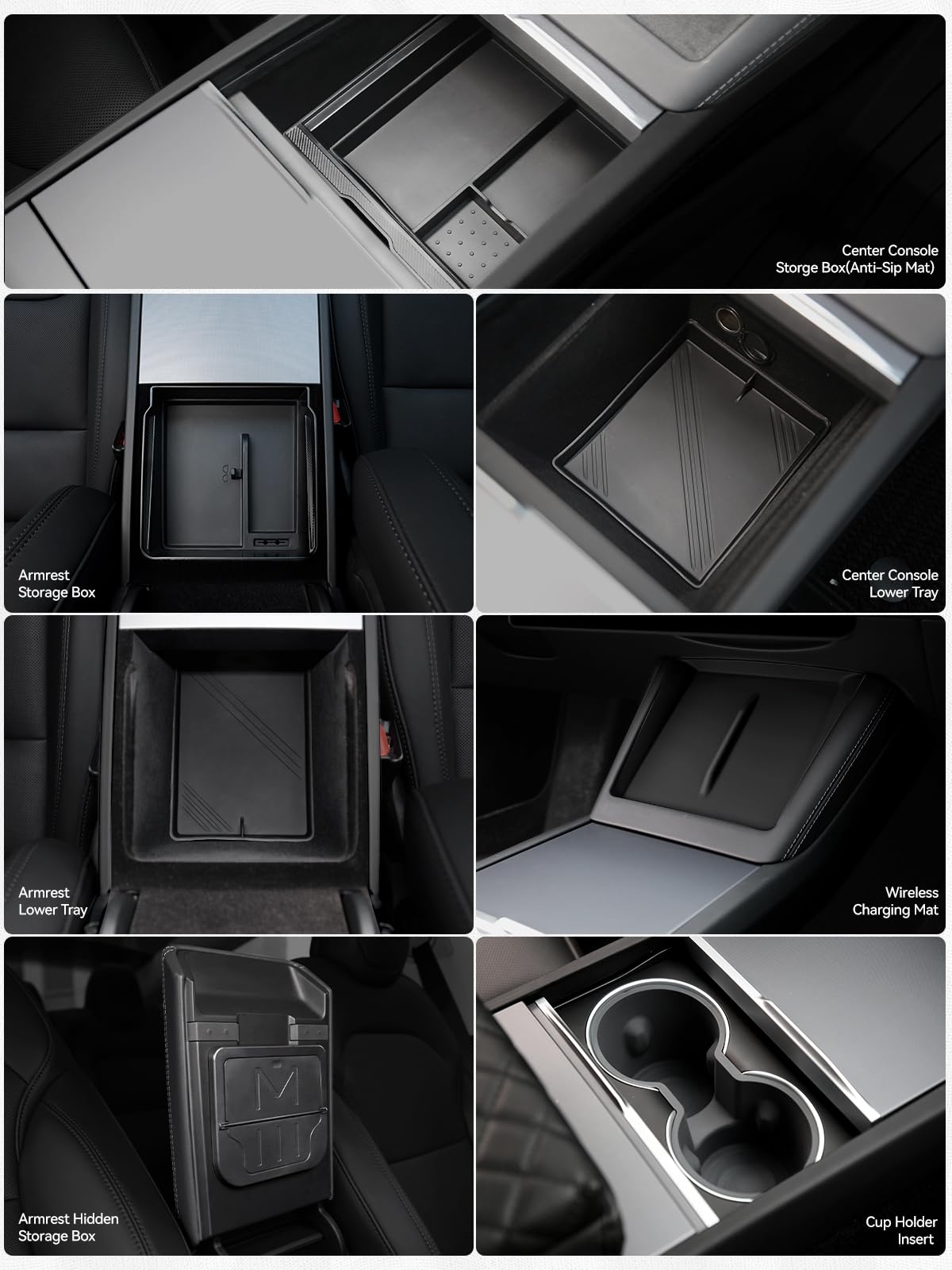 7PCS Center Console Organizer Tray for 2024 2025 Tesla Model 3 Accessories, Armrest Hidden Storage Box Cup Holder Charger Pad fo
