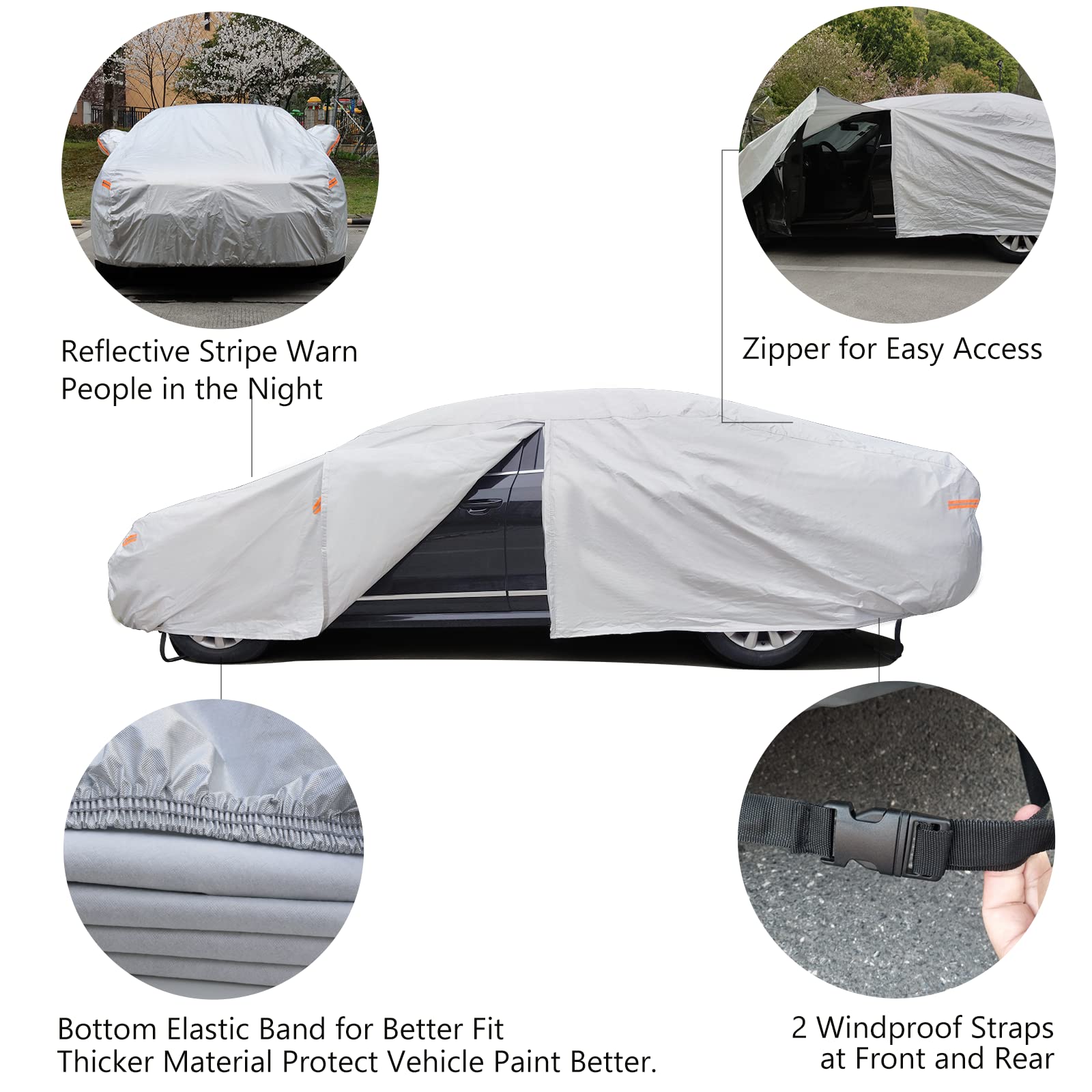 Seazen Car Cover 6 Layers, Waterproof Sedan Car Cover With Zipper Door, Snowproof/Uv Protection/Windproof, Universal Car Covers