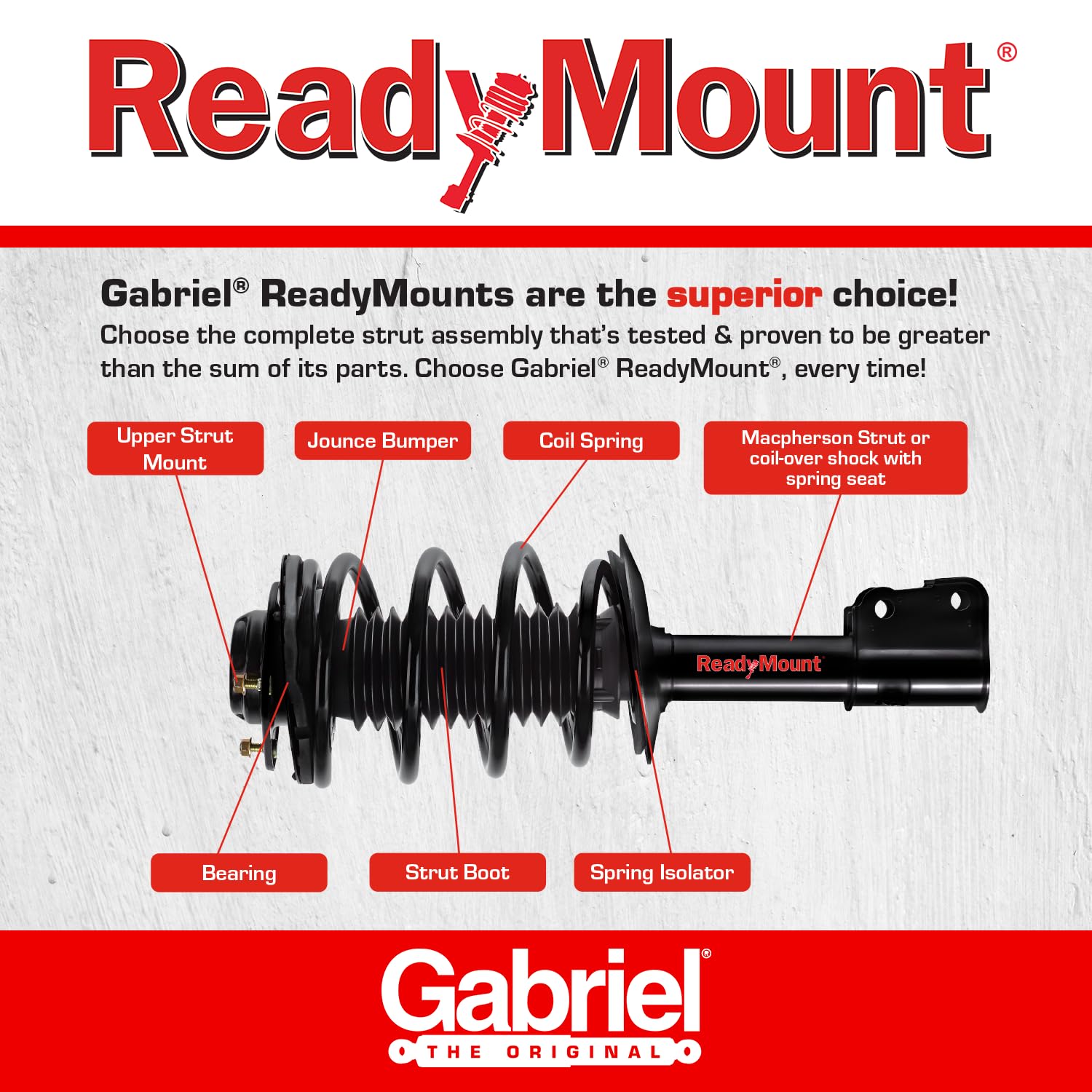 Gabriel G57343 Ultra Readymount Rear Left Complete Strut Assembly For 05-09 Hyundai Tucson; 05-10 Kia Sportage (1 Pack)