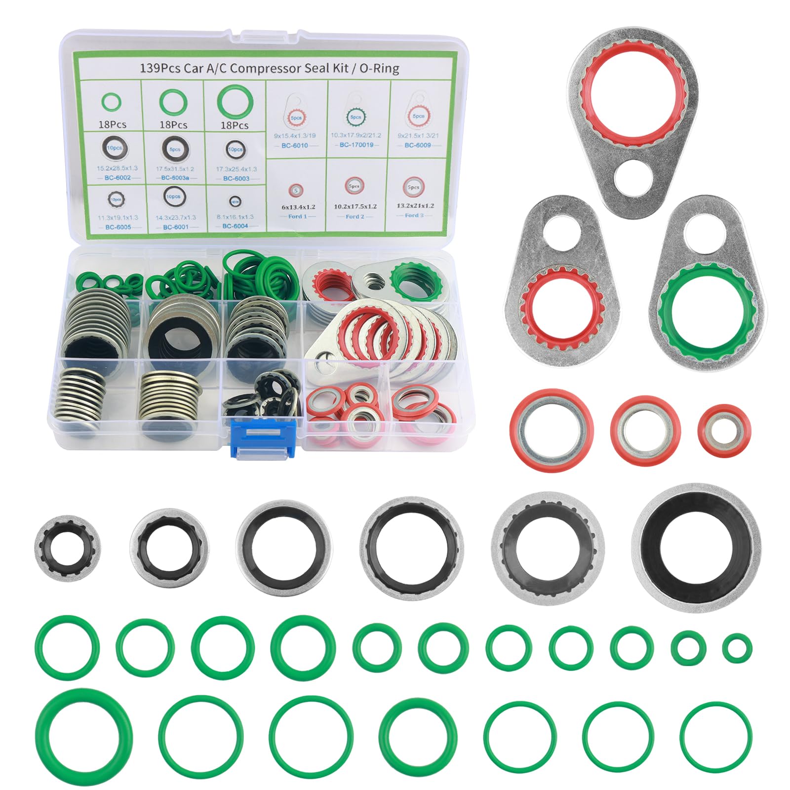 139PCS AC O Ring Kit Contains 30 Sizes,Durable A/C O Ring Assortment Kit with 54PCS Rubber Gasket & 85PCS Spacers for Seal Impro