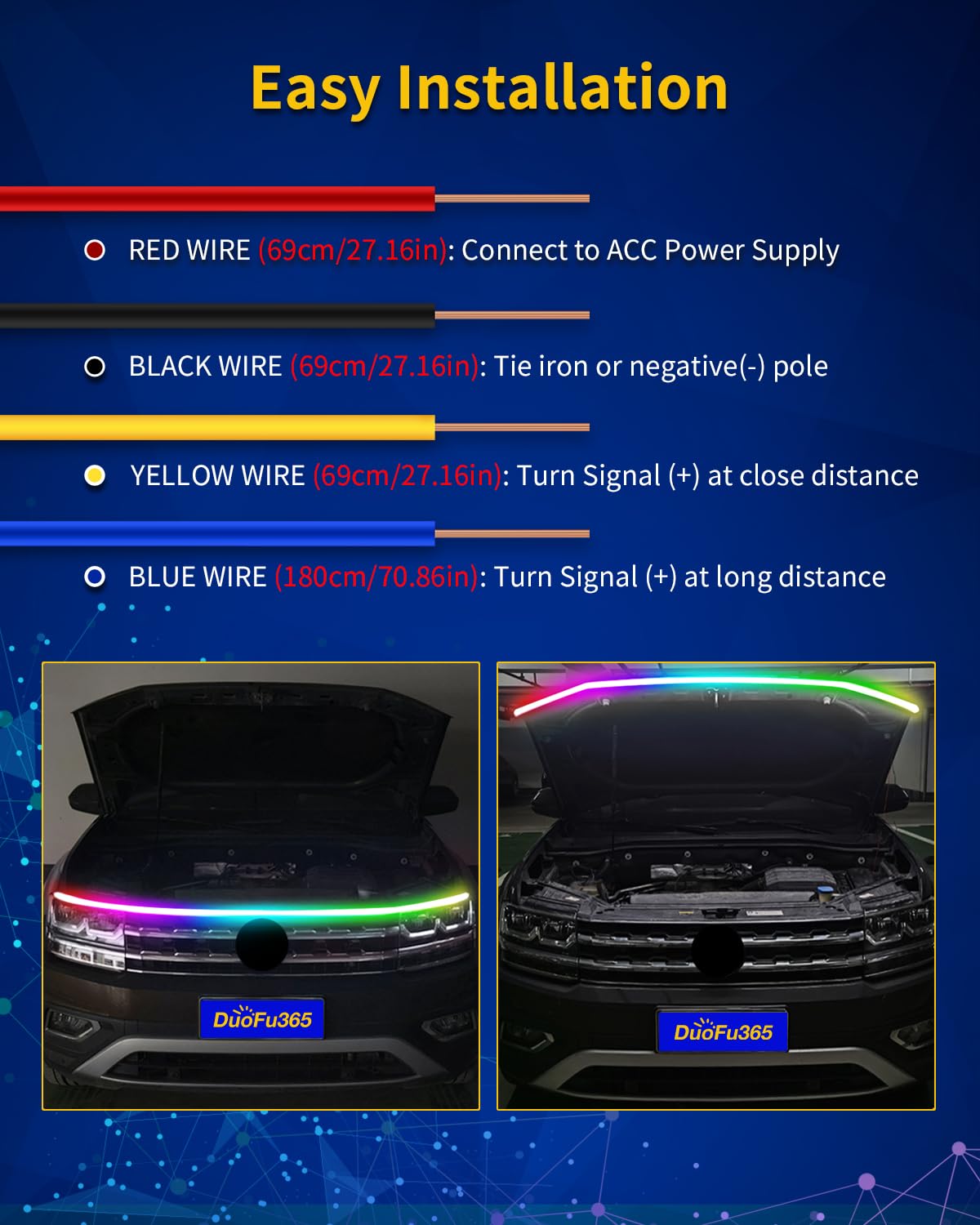 Exterior Car Led Hood Light Strip,Rgb Multicolor Dynamic Scan Start Up Hoodbeam Kit L,12V Updated Waterproof Hood Glow Lights Fo