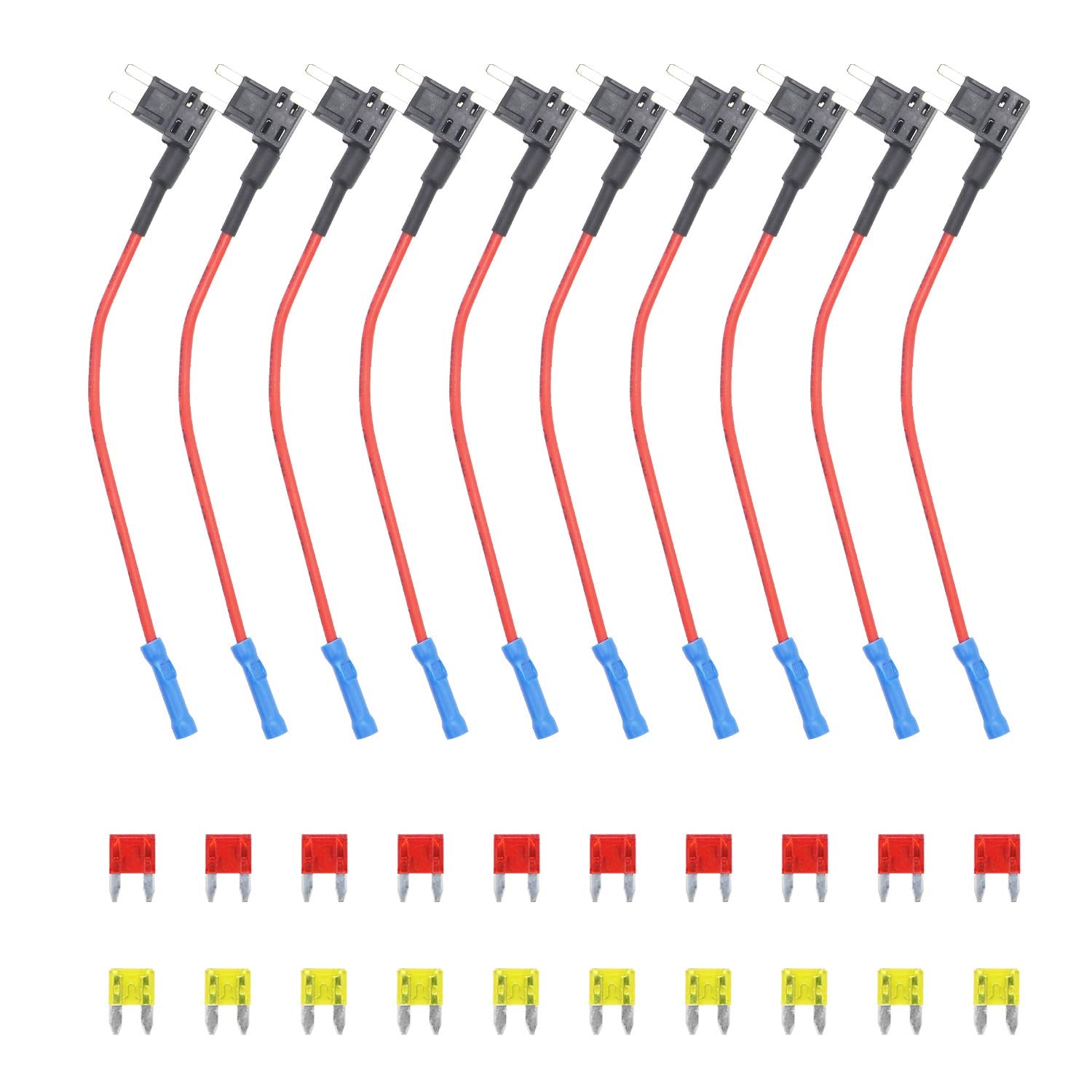 Recoil Ft2-10 10 Pack 12V Car Add-A-Circuit Fuse Tap Adapter Mini Ats Blade Fuse Holder With 10Pcs 10A, 20A Fuses