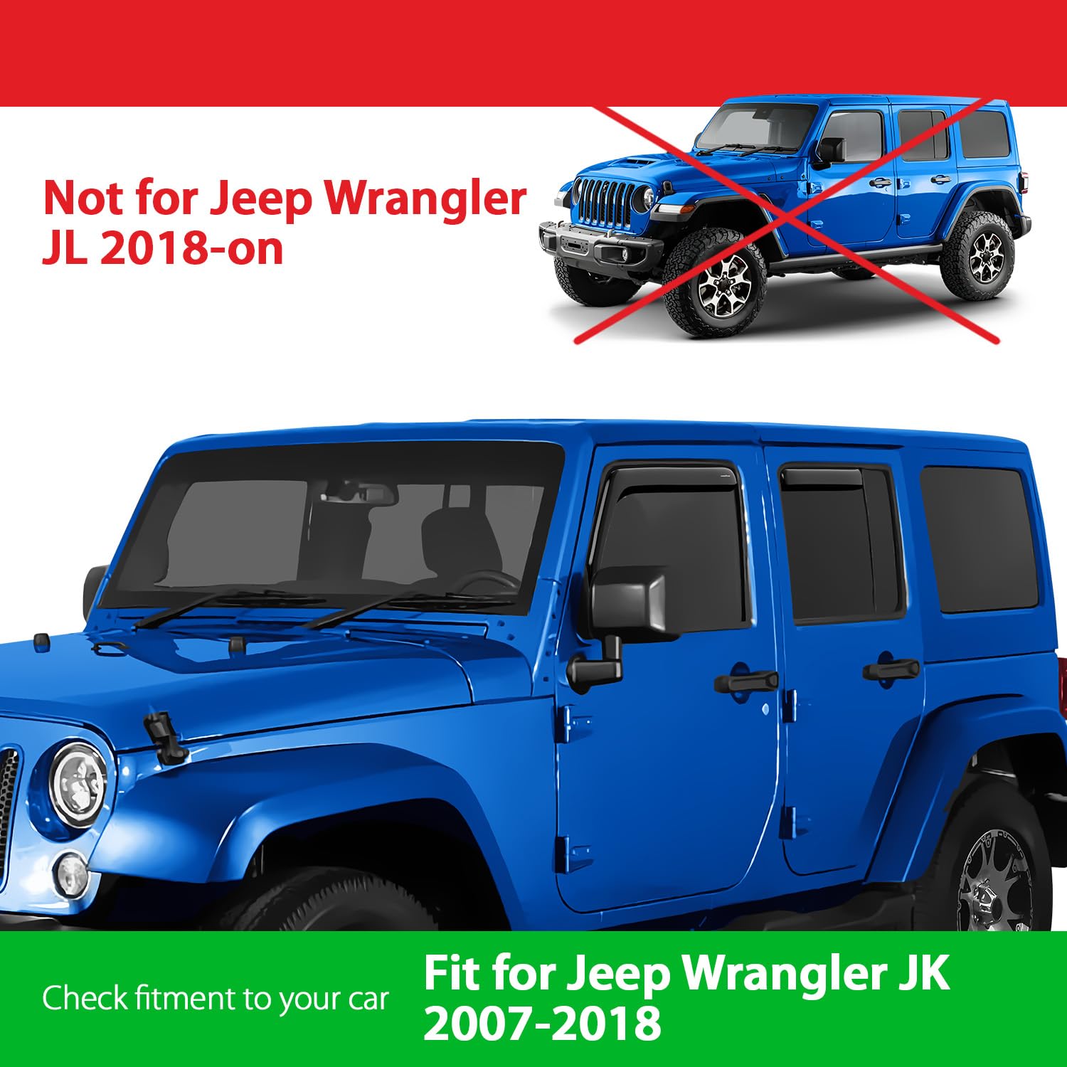 Goodyear Shatterproof In-Channel Window Deflectors For Jeep Wrangler Jk 2007-2018, Rain Guards, Window Visors For Cars, Vent Def