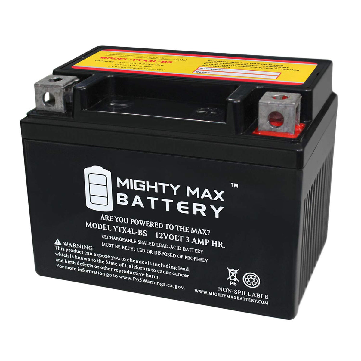 Mighty Max Battery, Ytx4L-Bs - 12 Volt 3 Ah, 50 Cca, Rechargeable Maintenance Free Sla Agm Motorcycle Battery