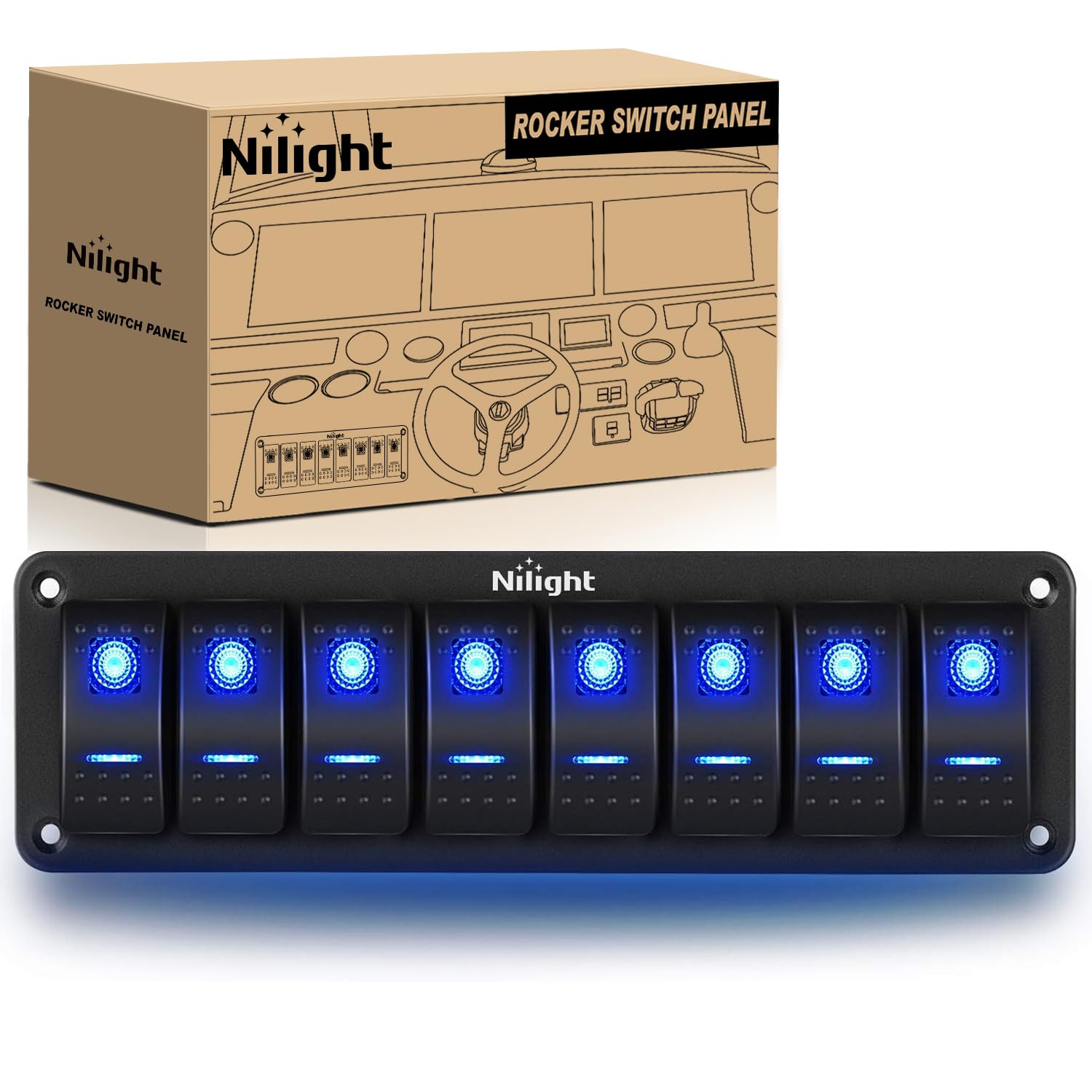 Nilight 8 Gang Aluminum Rocker Switch Panel Toggle Dash 5 Pin On/Off Pre-Wired Rocker Switch Blue Backlit Switch For Automotive