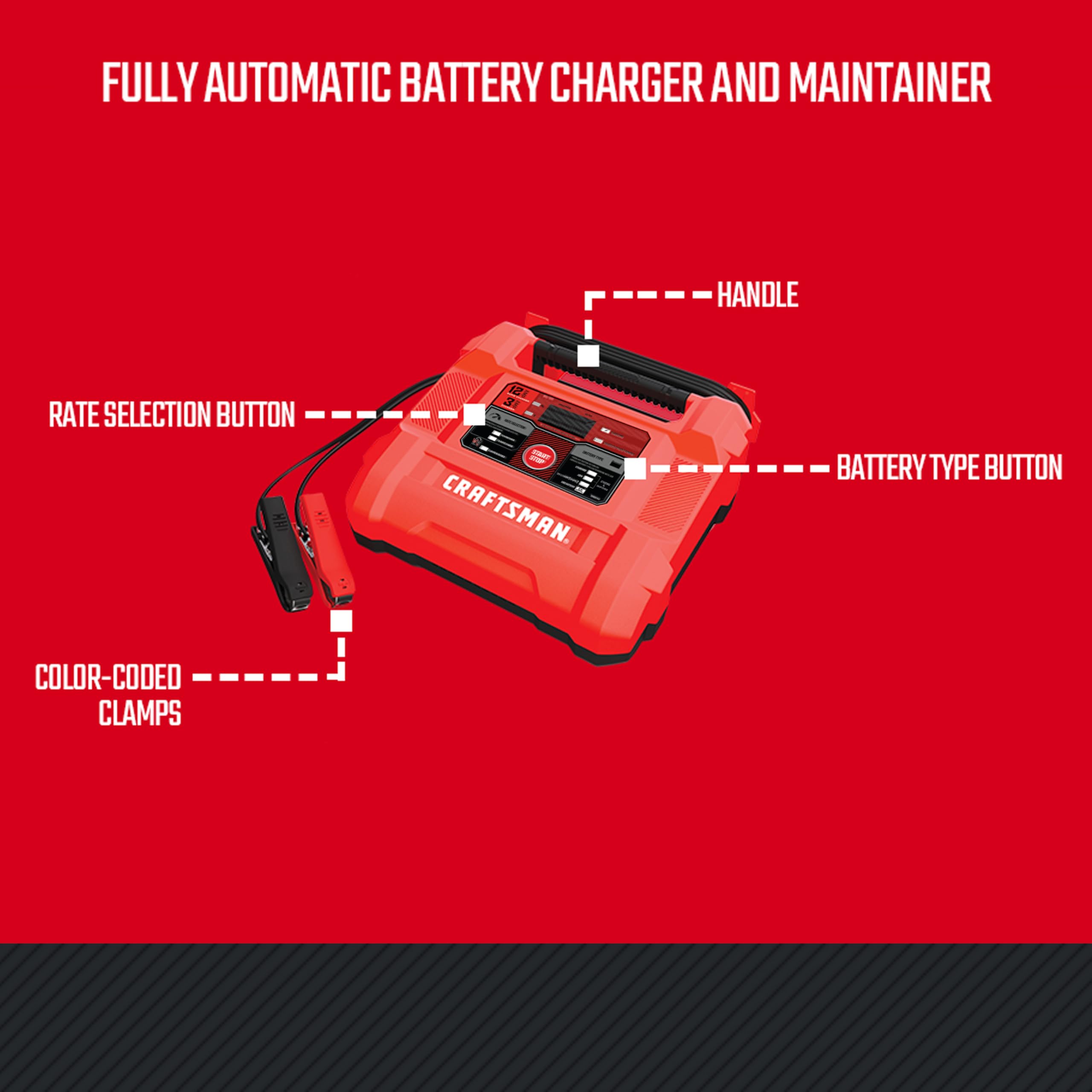 CRAFTSMAN Battery Charger and Maintainer, CMXCESM258, 4-in-1, Fully Automatic, Battery Tester, 12 Amps, 6 Volt, 12 Volt, for Car