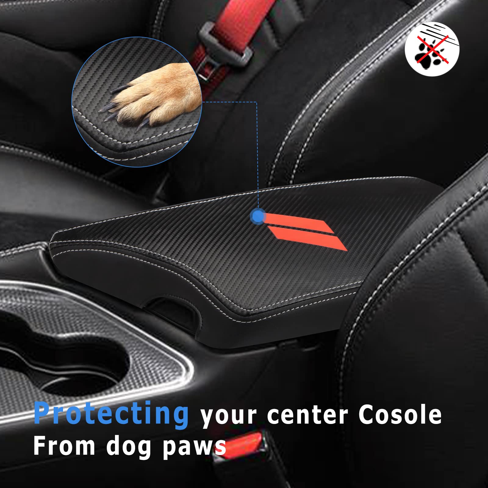 INTGET Car Center Console Armrest Cover, PU Leather, Black Carbon Fiber Texture, Fits 2015-2023 Dodge Challenger, Interior Lid Protector