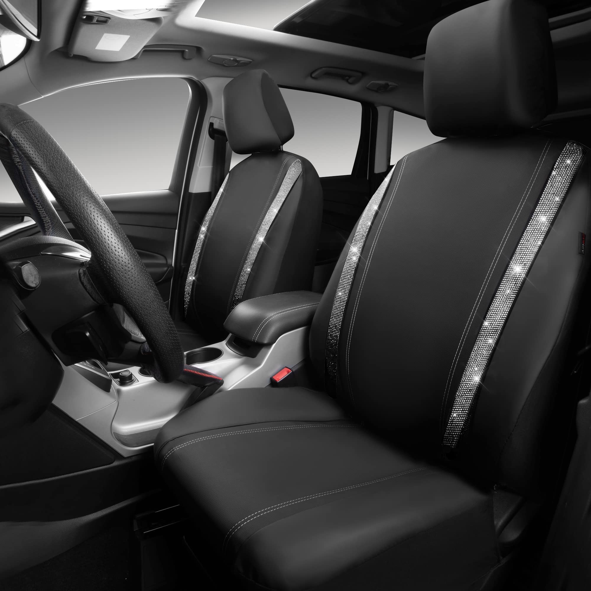 Car Pass Leather Diamond Bling Car Seat Cover 2 Front Interior Sets, Waterproof Universal Shining Glitter Crystal Sparkle Fit For 95% Automotive Truck Suv Cute Women Girl, Black Silver Rhinestone