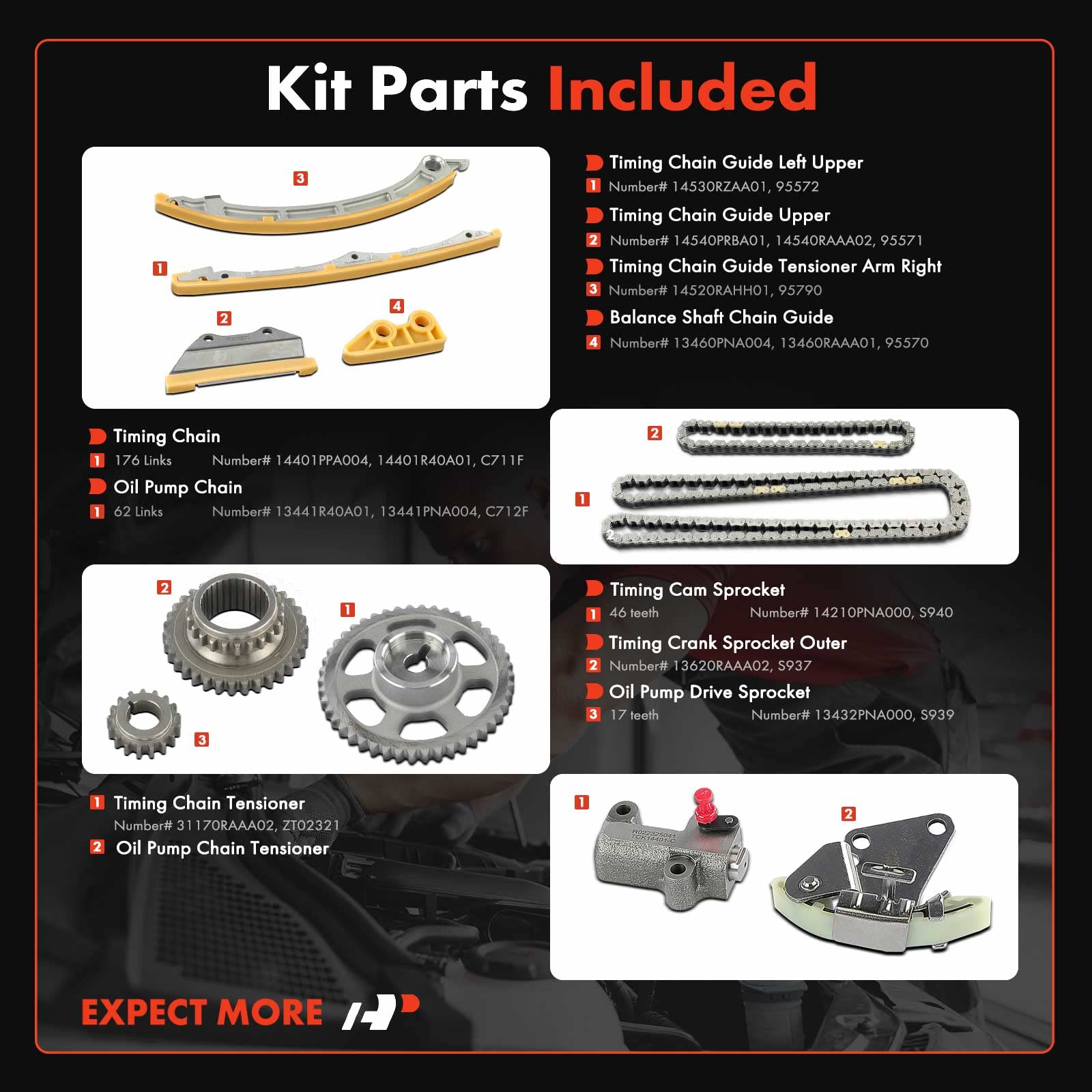 A-Premium Engine Timing Chain Kit W/Tensioner [fits DOHC, 4Cyl 2.4L Only] Compatible with Acura ILX, TSX 09-14 & Honda Accord 08
