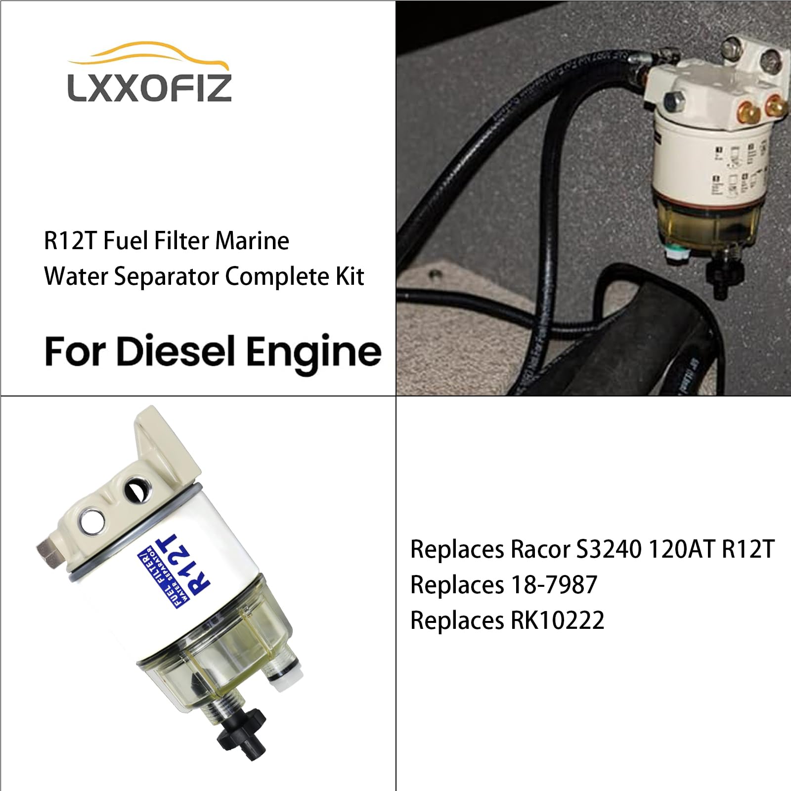 Marine Fuel Filter Water Separator Complete Kit for Outboard-R12T with NPT ZG1/4-19 Replaces Racor S3240 120AT R12T