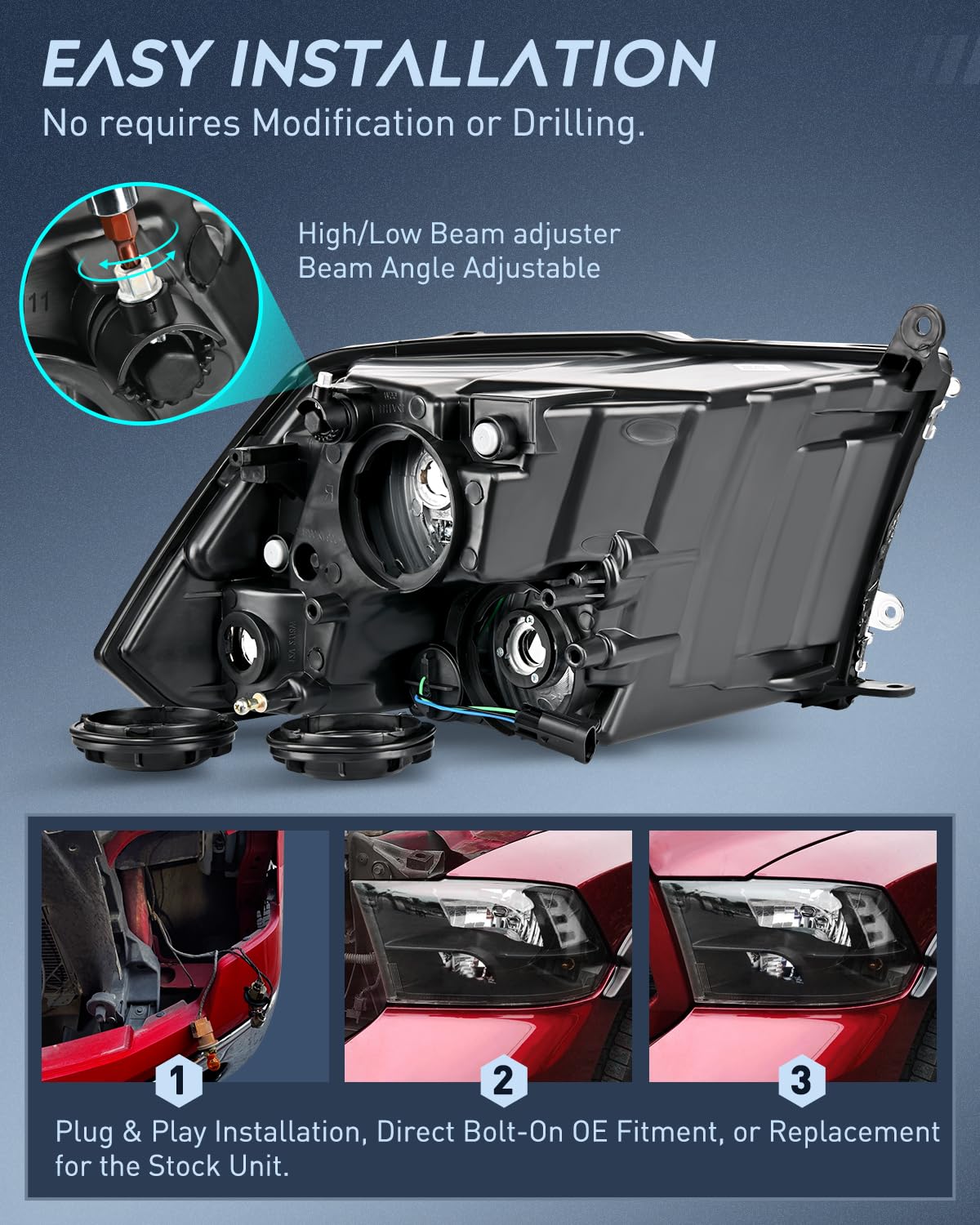 Nilight Quad Headlamp Assembly Replacement For 2009-2018 Ram 1500 2500 3500 Pickup - Black Housing, Clear Corner, Clear Lens