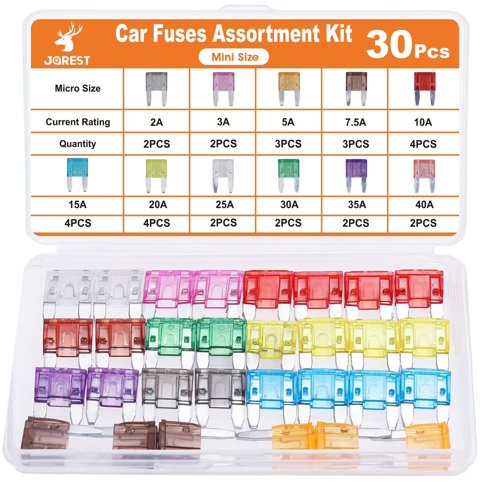 Jorest 30Pcs Mini Car Fuse Kit - Mini Blade Fuses Automotive - Replacement Fuses Assortment Kit For Car/Rv/Truck/Motorcycle(2Amp