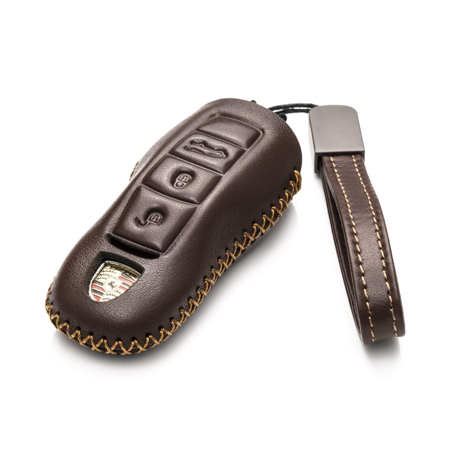Vitodeco Genuine Leather Smart Key Fob Case with Leather Key Strap Compatible for Porsche 718, Porsche 911, Porsche Panamera, Porsche Cayenne (3-Button, Brown)