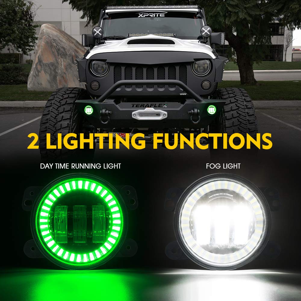 Xprite Fog Lights W/Green Halo Ring Angle Eye Drl, 4 Inch Foglights Compatible With 07-18 Jeep Wrangler Jk, 60W Led Front Bumper