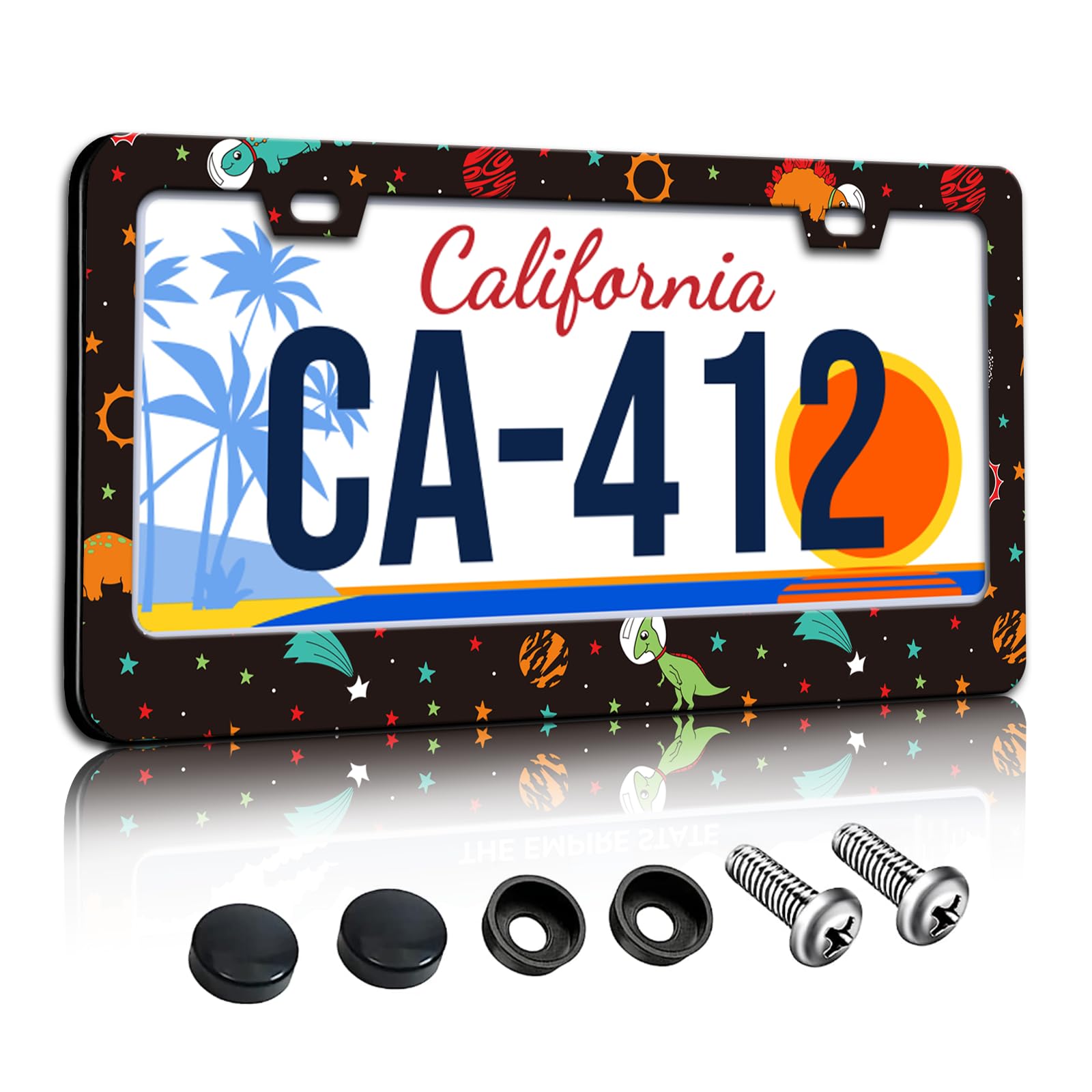 Cute Dinosaur License Plate Frames Space Galaxy Novelty License Plate Holder for Car Decor Parts Personalized Stainless Steel Li