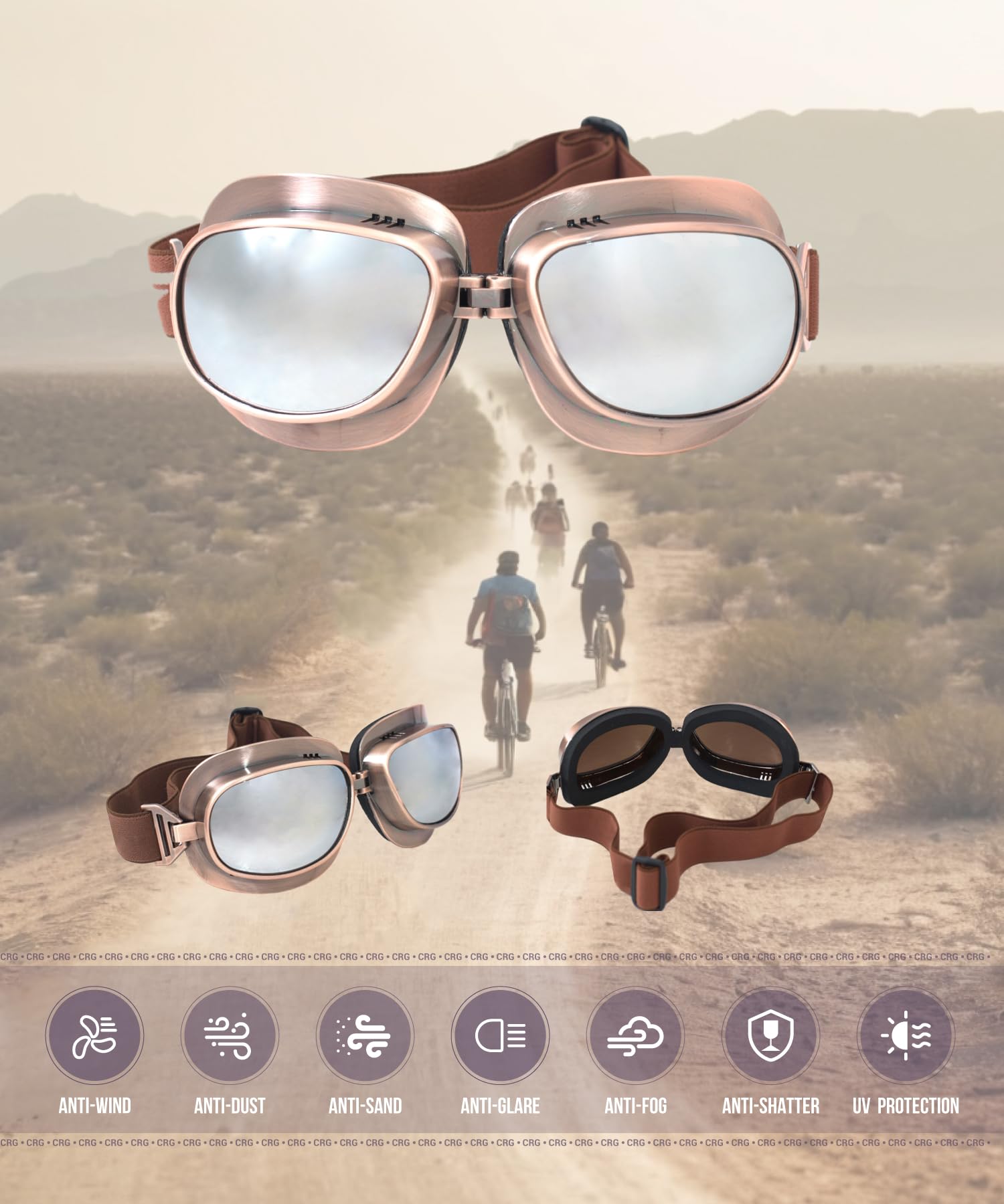 Crg Sports Vintage Aviator Pilot Style Motorcycle Goggles Cruiser Scooter Goggle For Men,Women,Adults,Youths