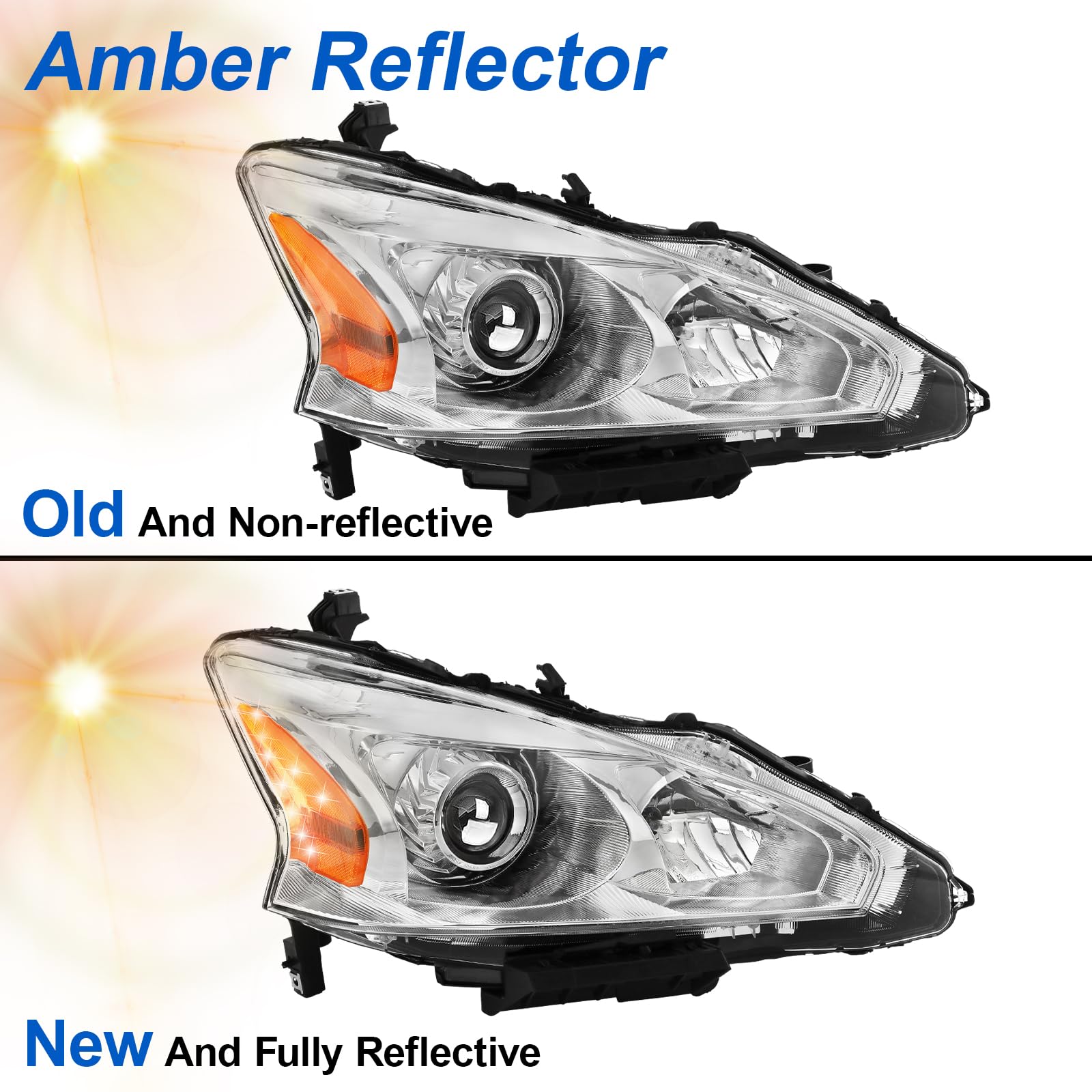 Alziria Headlight Assembly Compatible With 2013-2015 Nissan Altima S/Sl/Sv-Only Fit 4Door (Chrome Housing Amber Reflector)