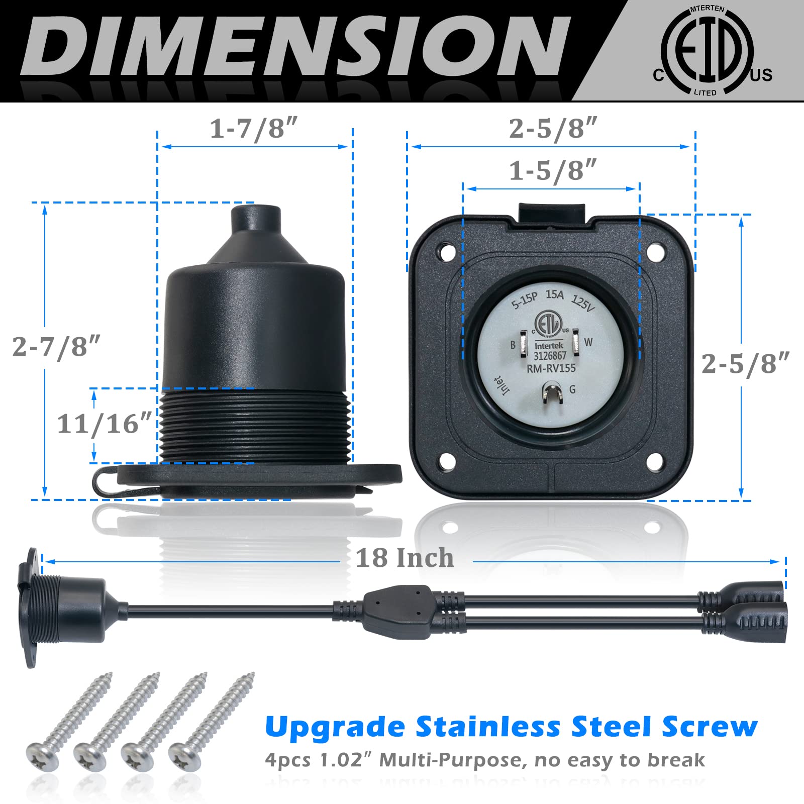 15 Amp Rv Shore Power Inlet, Eilxmag 125V Flanged Inlet Power Inlet Port Plug Nema 5-15P Rv Outlet With Integrated Dual 18'' Cor