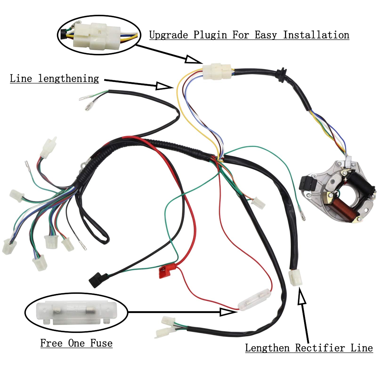 Complete Electrics Wiring Harness Relay Stator Coil CDI Solenoid Spark Plug for 4 Wheelers Stroke ATV (50cc 70cc 110cc 125cc) Pi